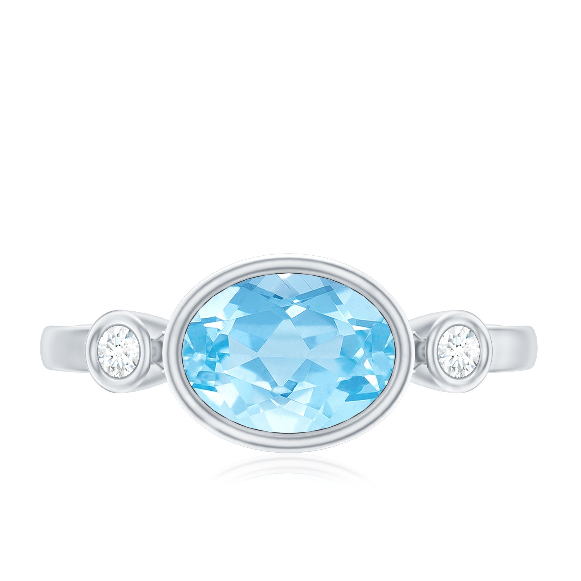 Bezel Set Aquamarine and Diamond East West Engagement Ring AAA - Rosec Jewels