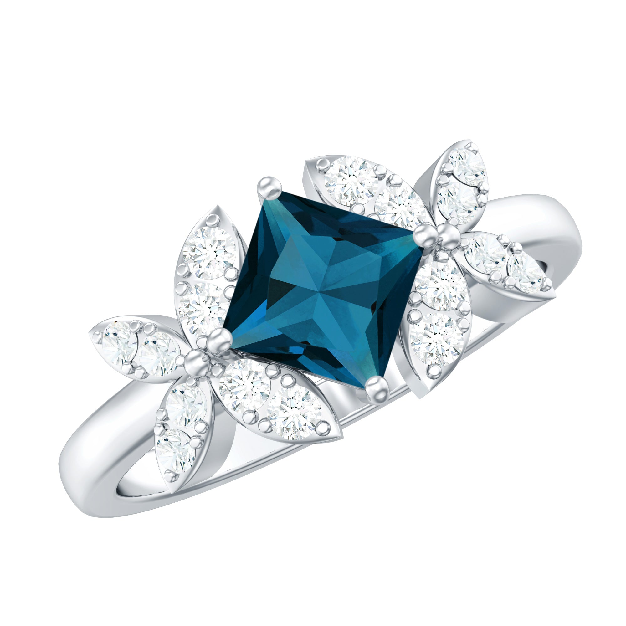 6mm Princess Cut London Blue Topaz Floral Engagement Ring with Diamond AAA - Rosec Jewels
