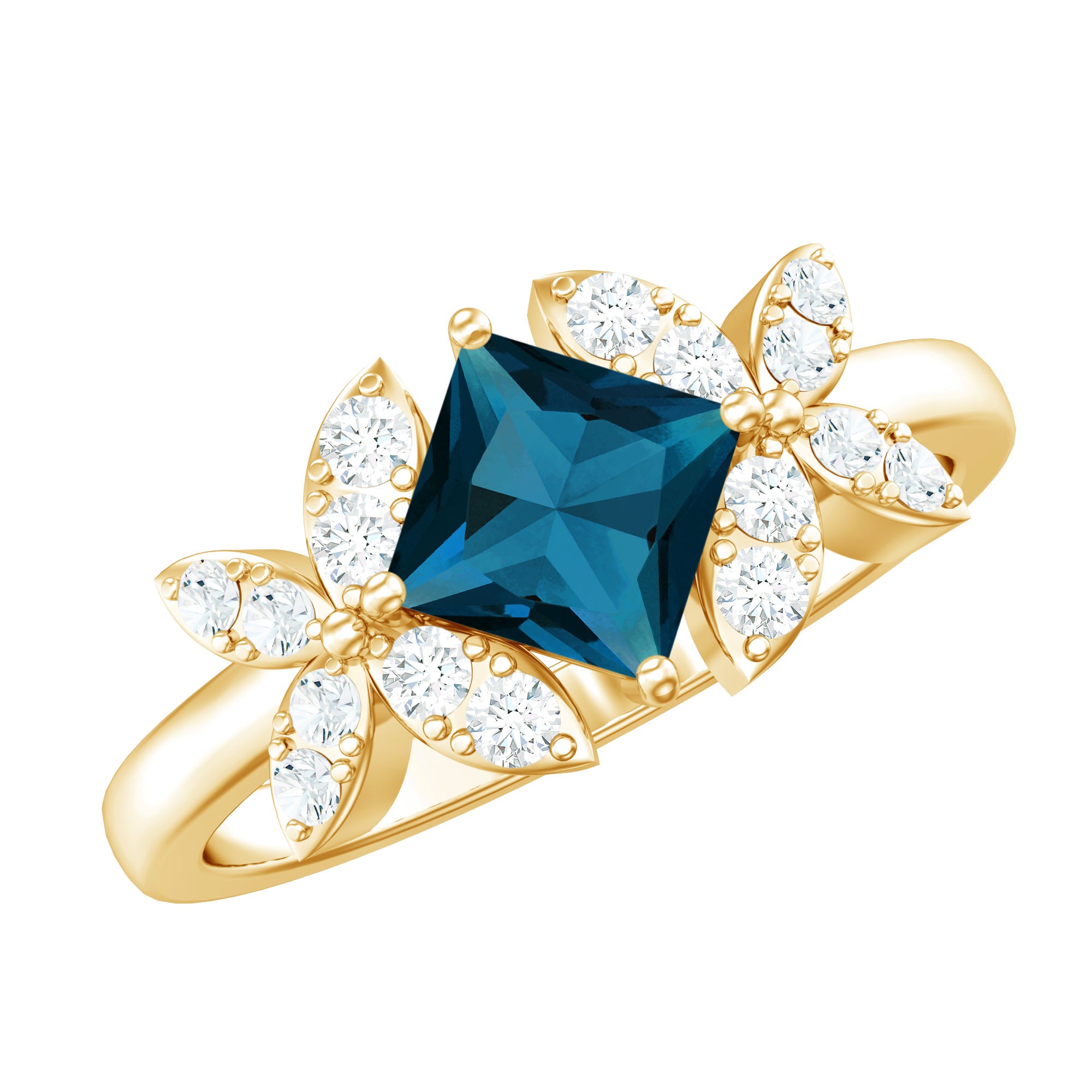 6mm Princess Cut London Blue Topaz Floral Engagement Ring with Diamond AAA - Rosec Jewels