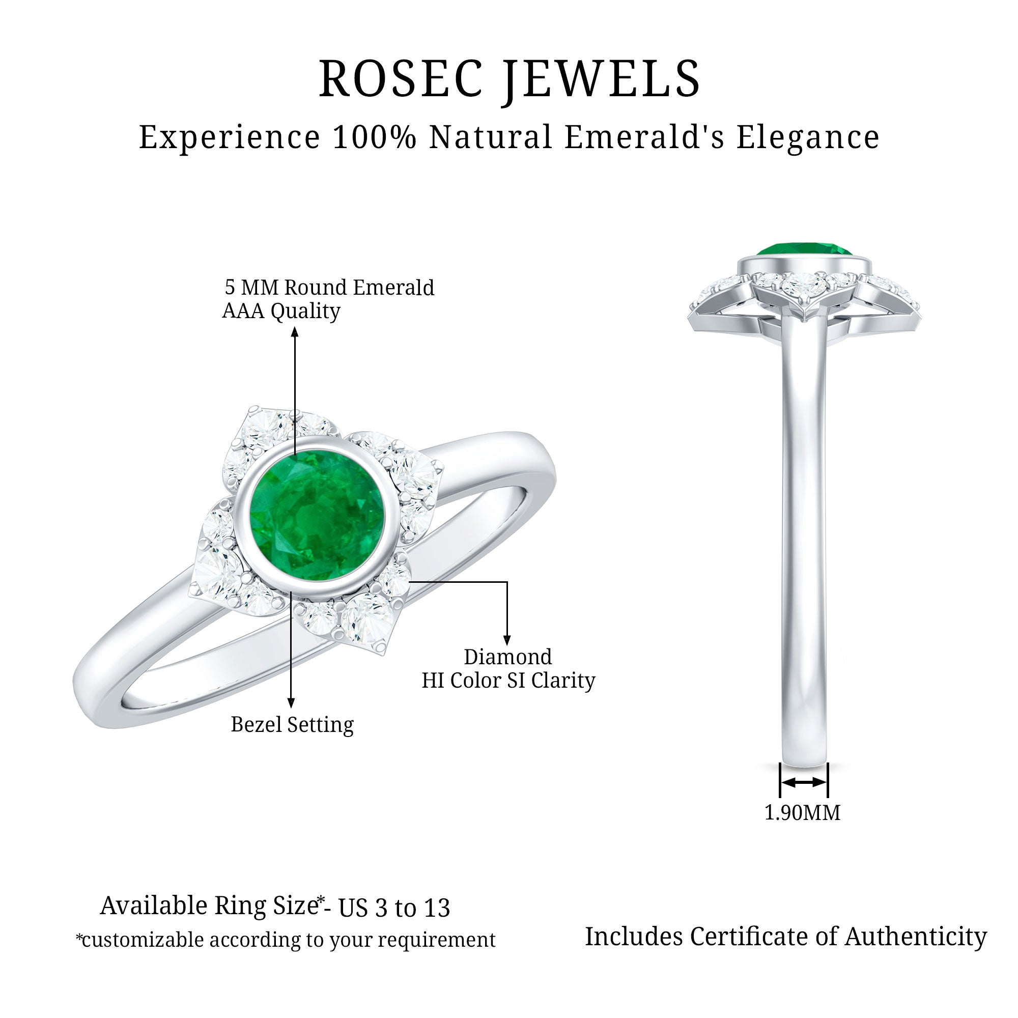 Natural Bezel Set 5mm Emerald Flower Engagement Ring with Diamond AAA - Rosec Jewels