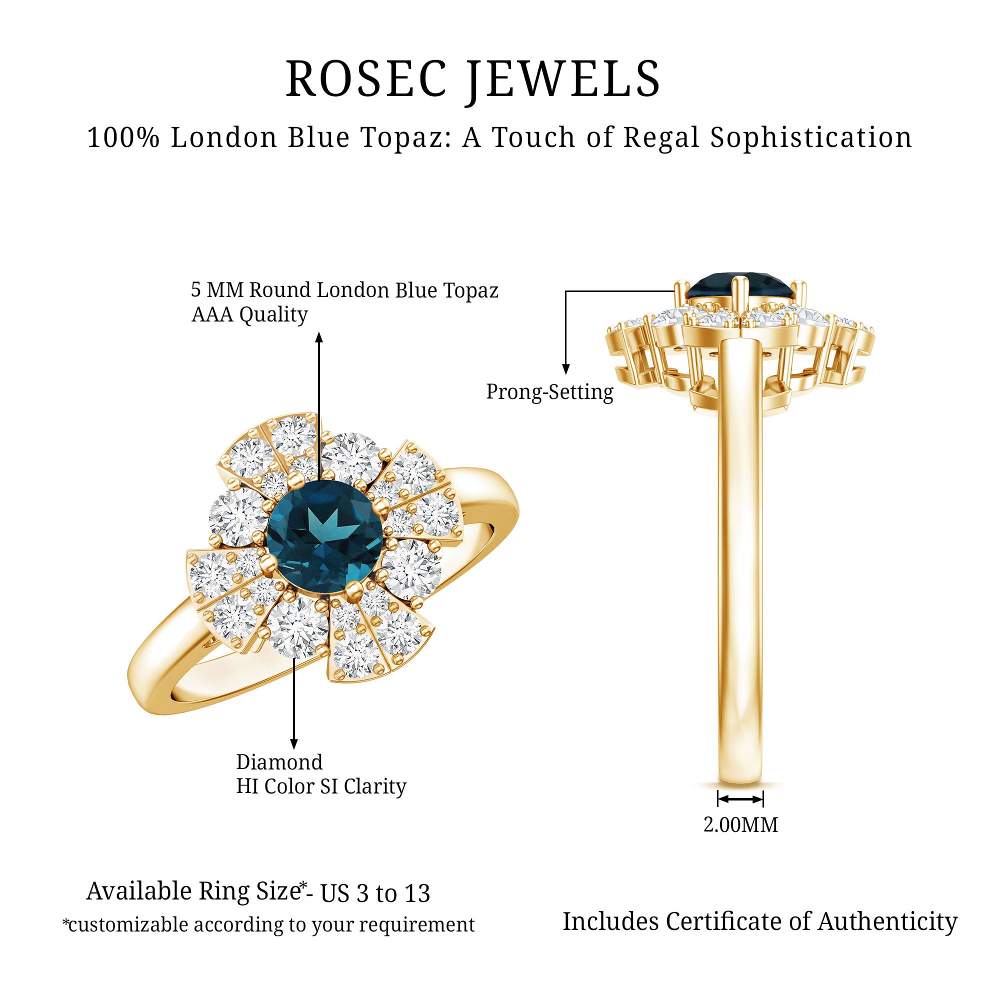 Rosec Jewels-London Blue Topaz Floral Engagement Ring with Diamond