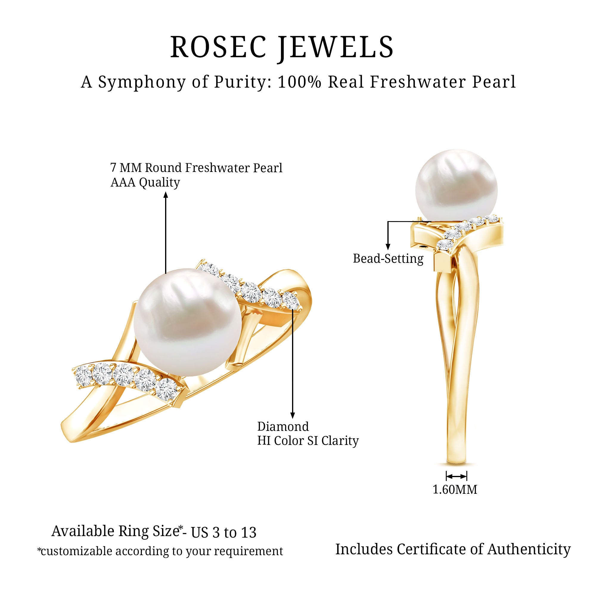 Freshwater Pearl Solitaire Crossover Engagement Ring with Diamond AAA - Rosec Jewels