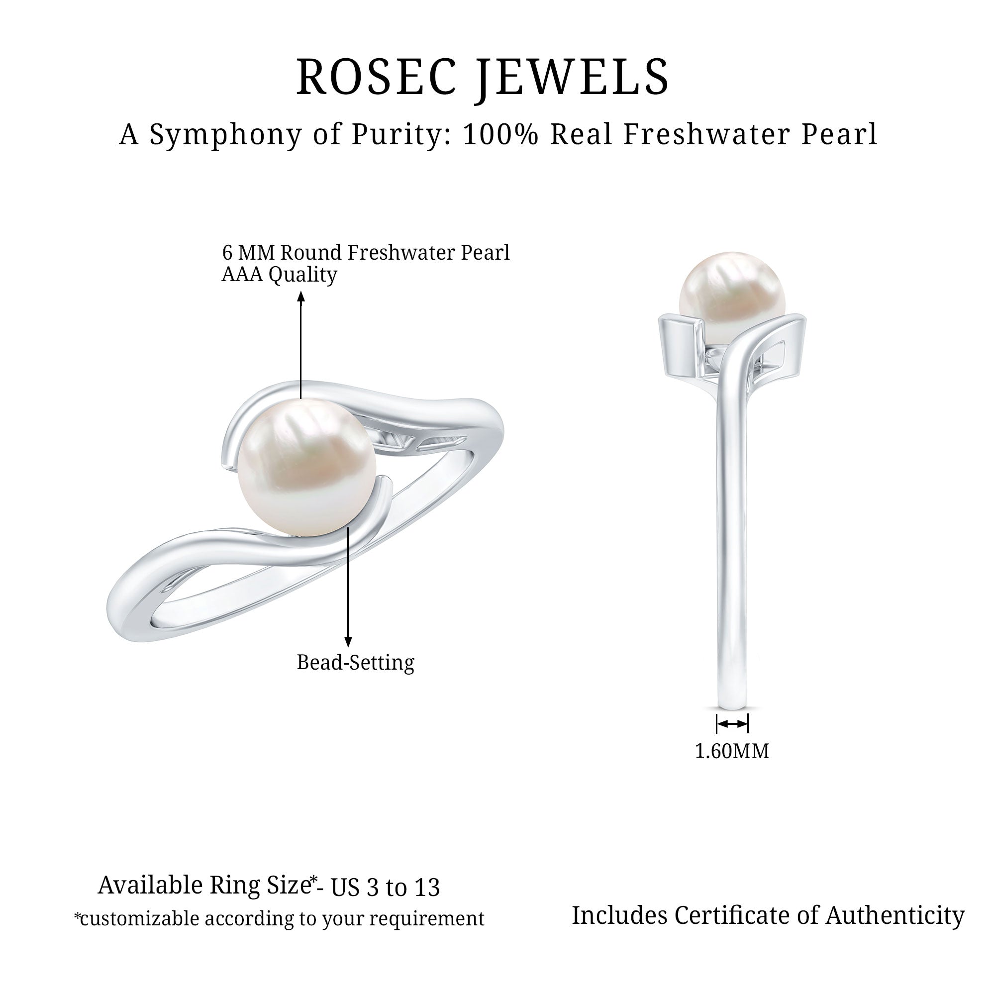 Cultured 2.2 Carat Freshwater Pearl Engagement Ring with Bypass Shank AAA - Rosec Jewels
