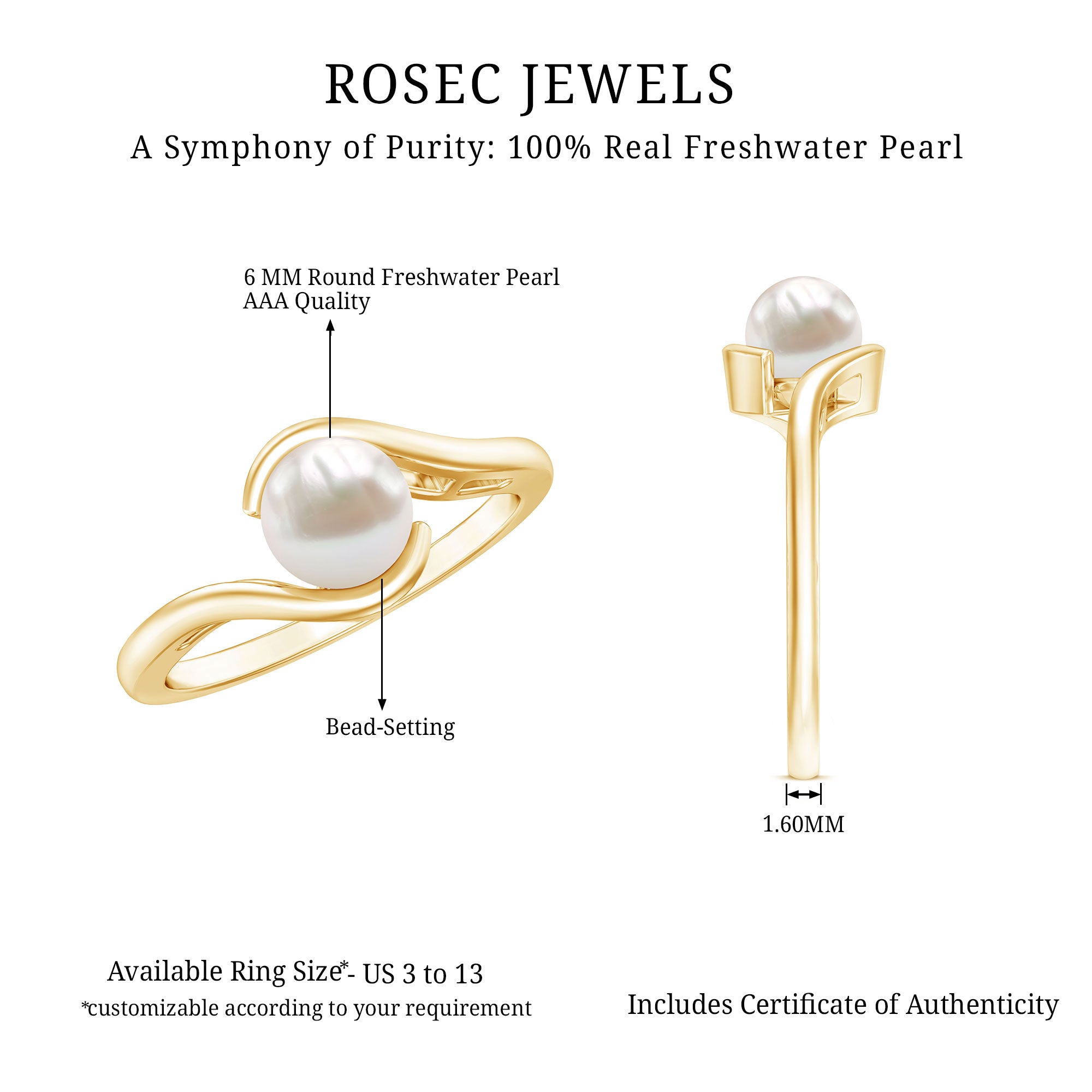 Cultured 2.2 Carat Freshwater Pearl Engagement Ring with Bypass Shank AAA - Rosec Jewels