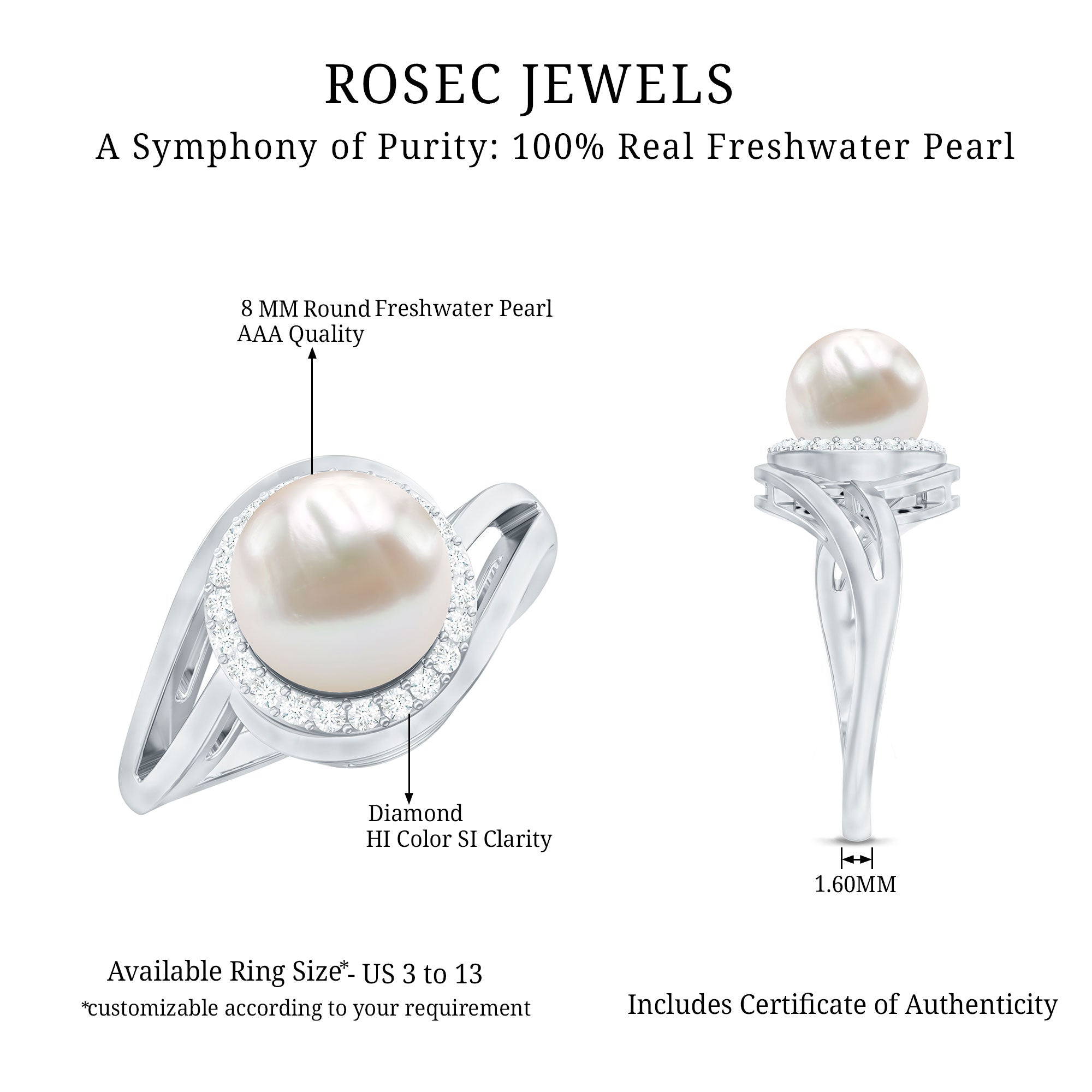 Rosec Jewels-Cultured White 7.4 Carat Freshwater Pearl Diamond Engagement Ring with Bypass Shank