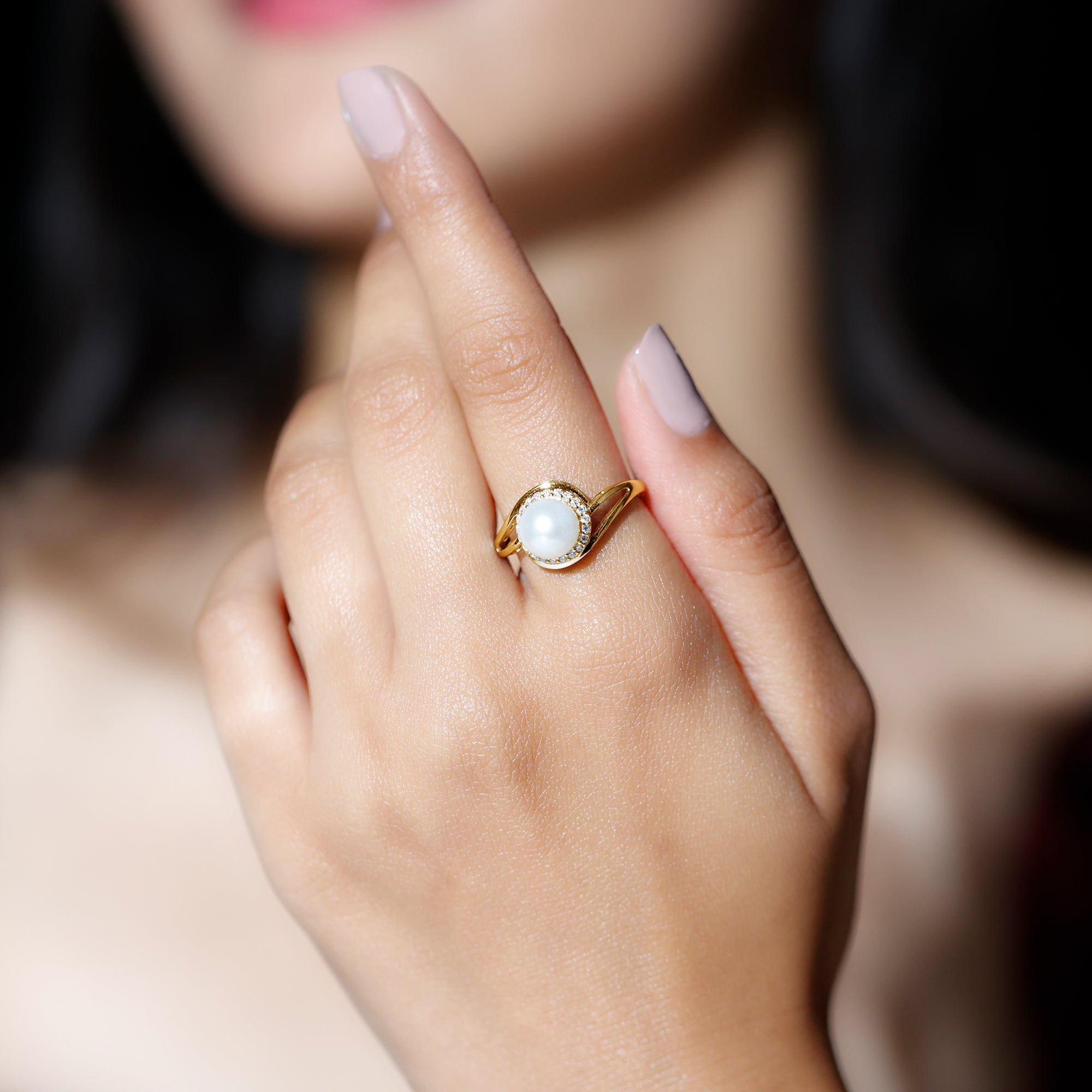 Rosec Jewels-Cultured White 7.4 Carat Freshwater Pearl Diamond Engagement Ring with Bypass Shank