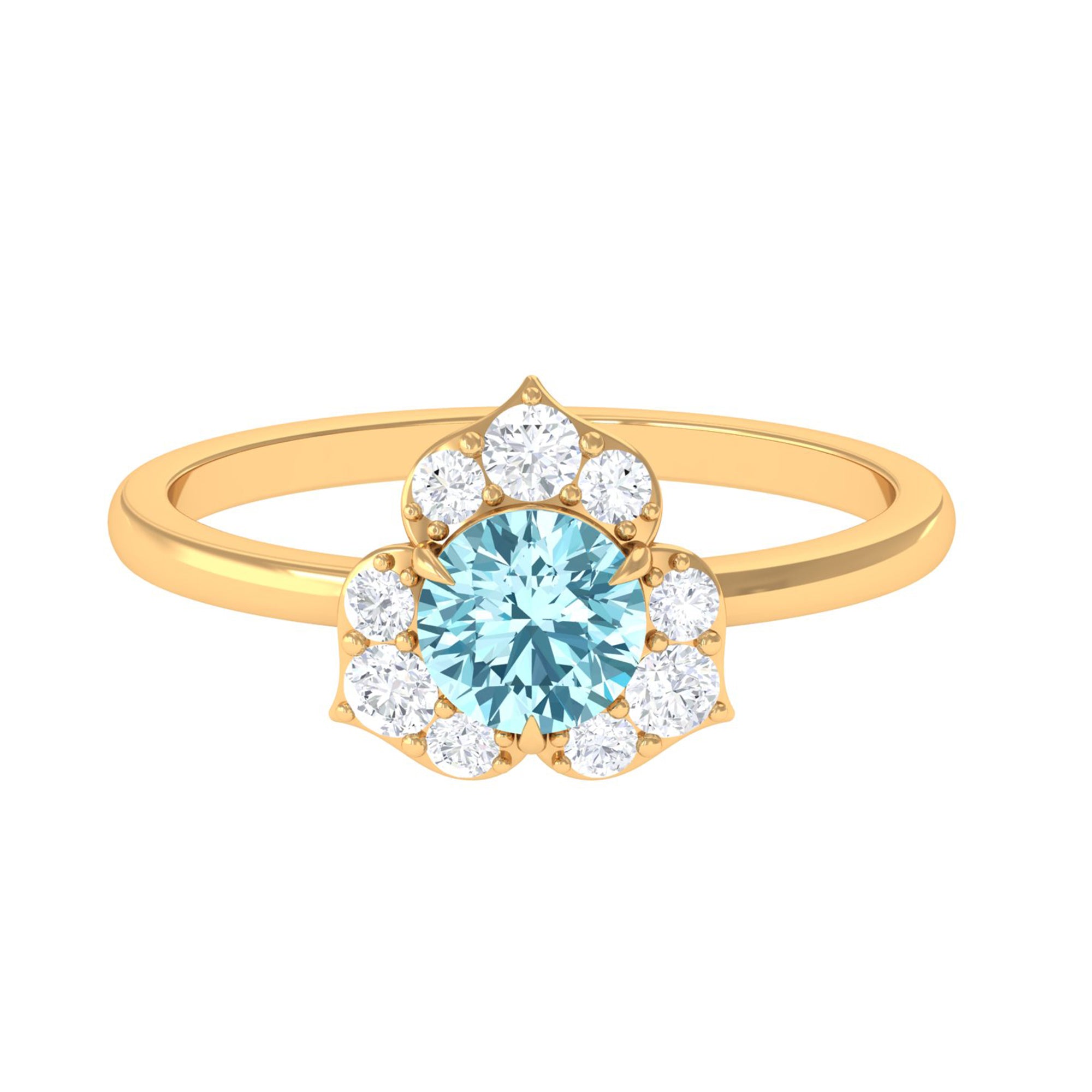 Real Round Aquamarine and Diamond Flower Engagement Ring with Certificate AAA - Rosec Jewels