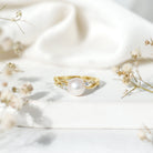 Rosec Jewels-Genuine 7.4 Carat Freshwater Pearl Engagement Ring with Diamond Crossover Shank