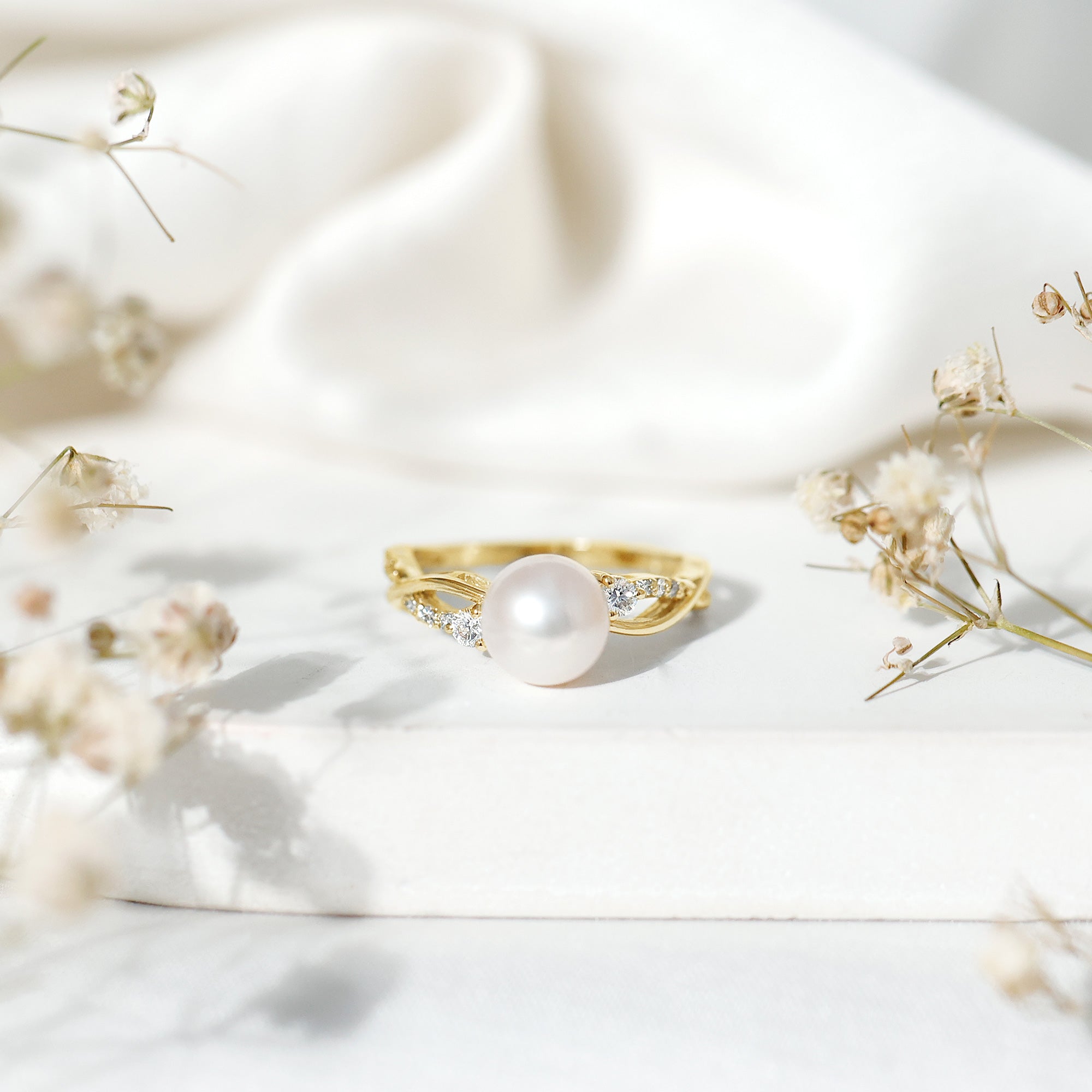 Rosec Jewels-Genuine 7.4 Carat Freshwater Pearl Engagement Ring with Diamond Crossover Shank