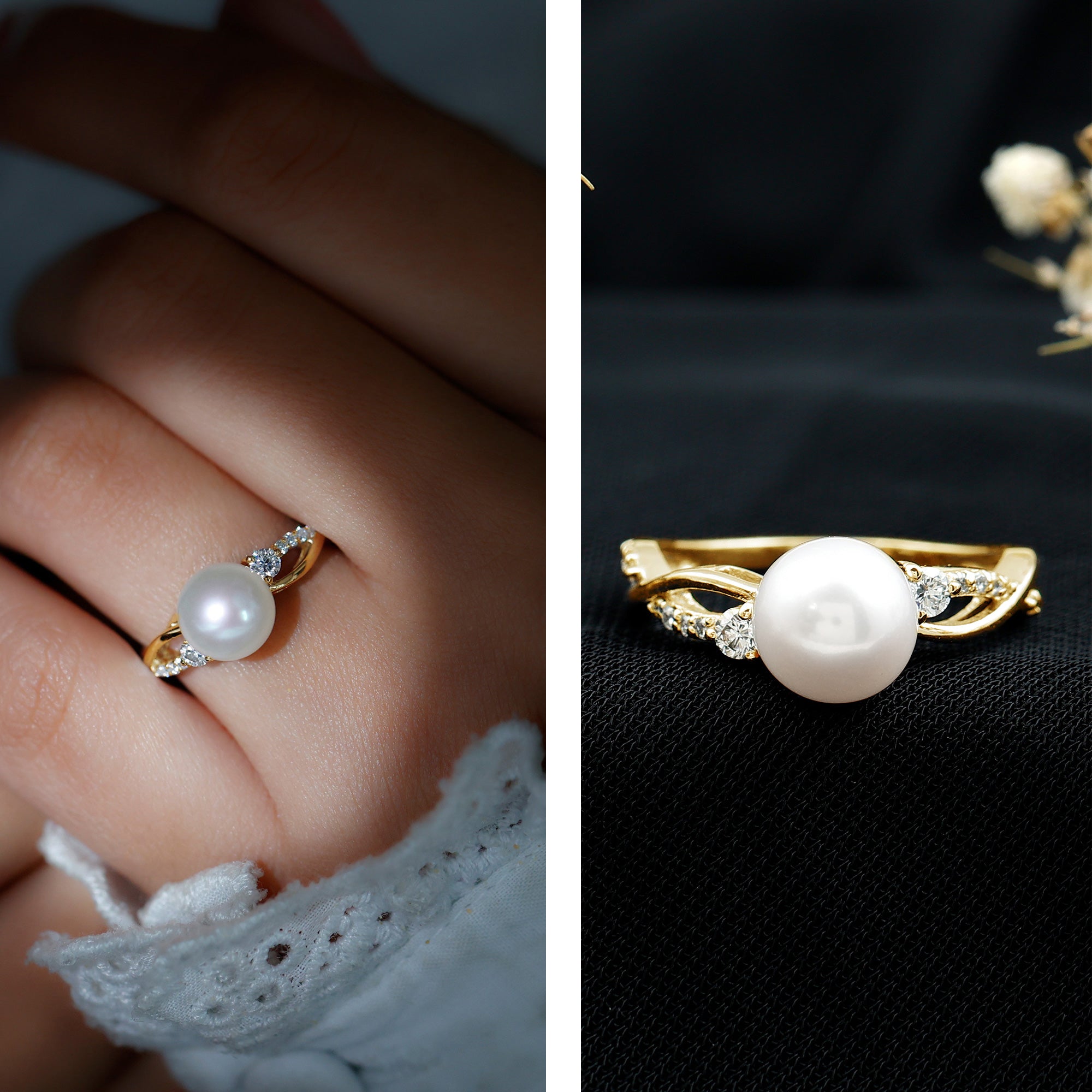 Rosec Jewels-Genuine 7.4 Carat Freshwater Pearl Engagement Ring with Diamond Crossover Shank