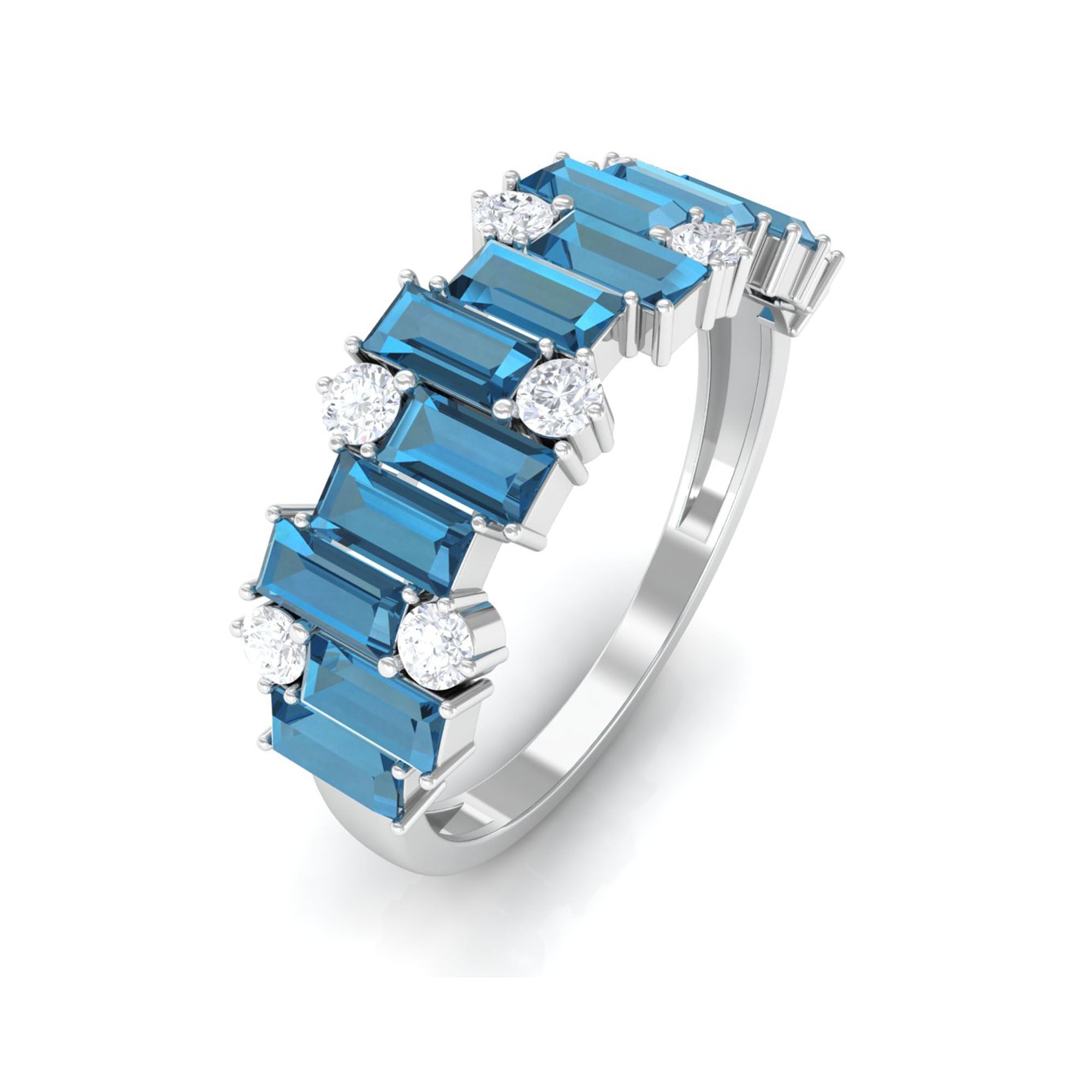 Baguette London Blue Topaz Uneven Eternity Ring with Diamond AAA - Rosec Jewels