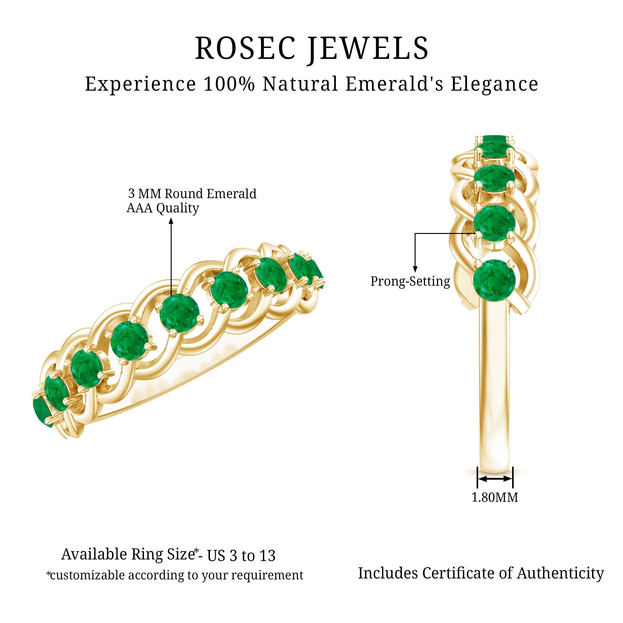 Genuine Green Emerald Braided Half Eternity Band AAA - Rosec Jewels