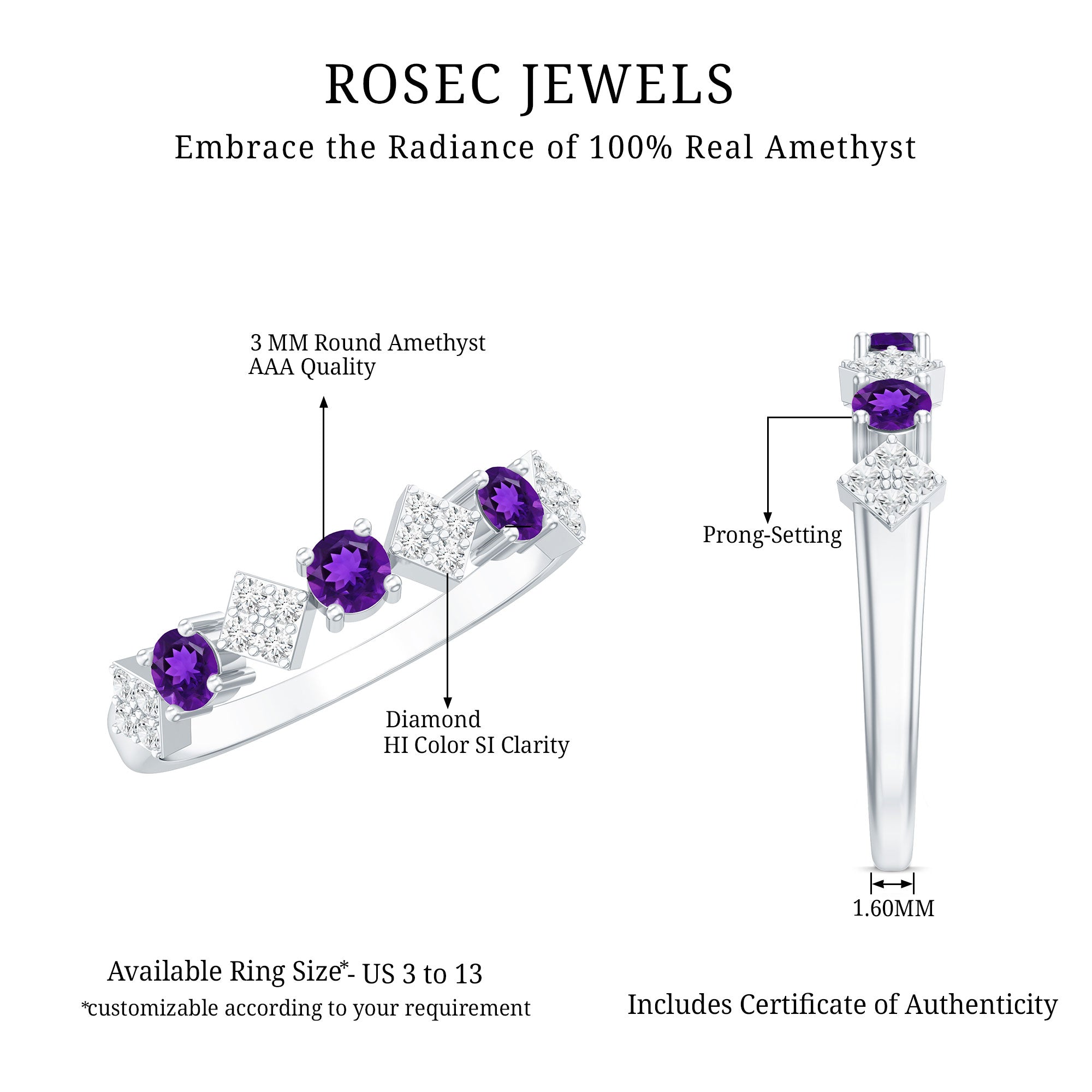 Rosec Jewels-Real Amethyst Half Eternity Ring with Diamond for Women