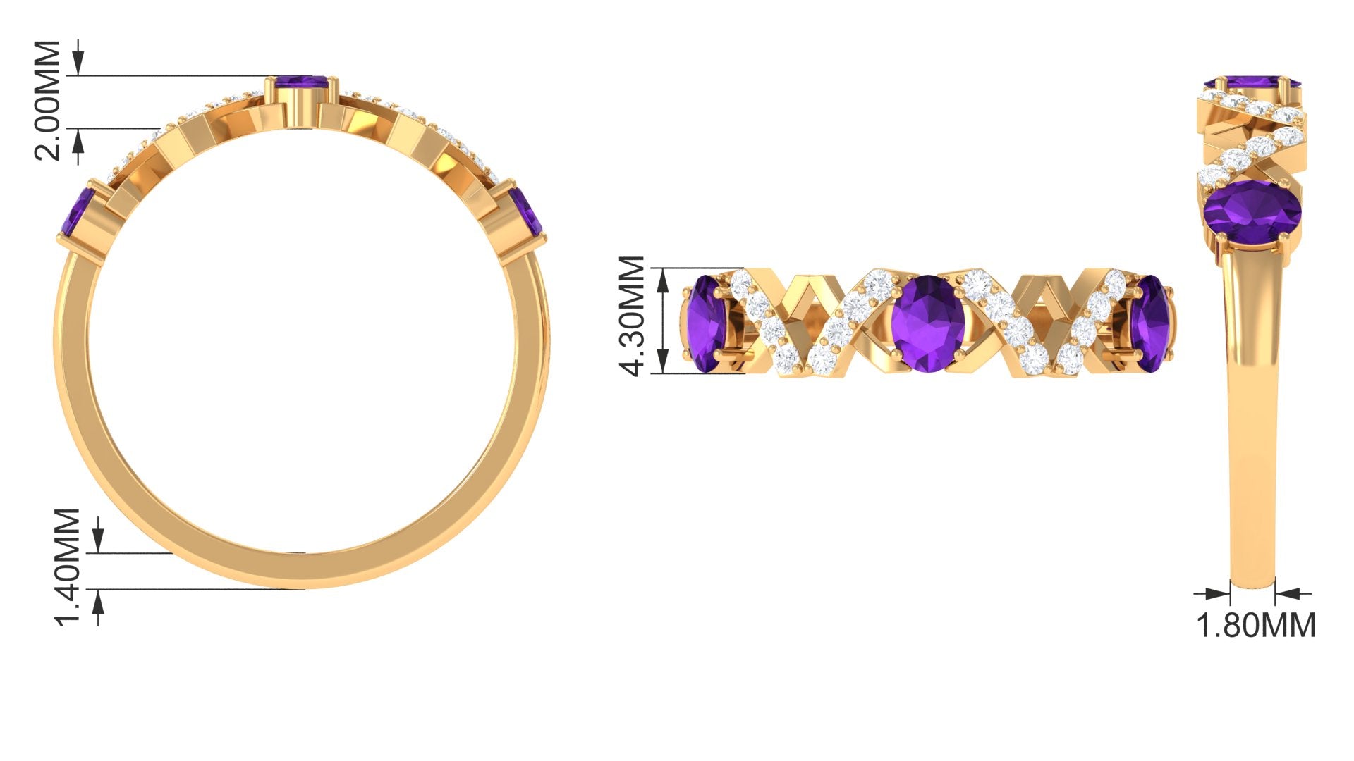 Natural Oval Amethyst Half Eternity Ring with Diamond AAA - Rosec Jewels