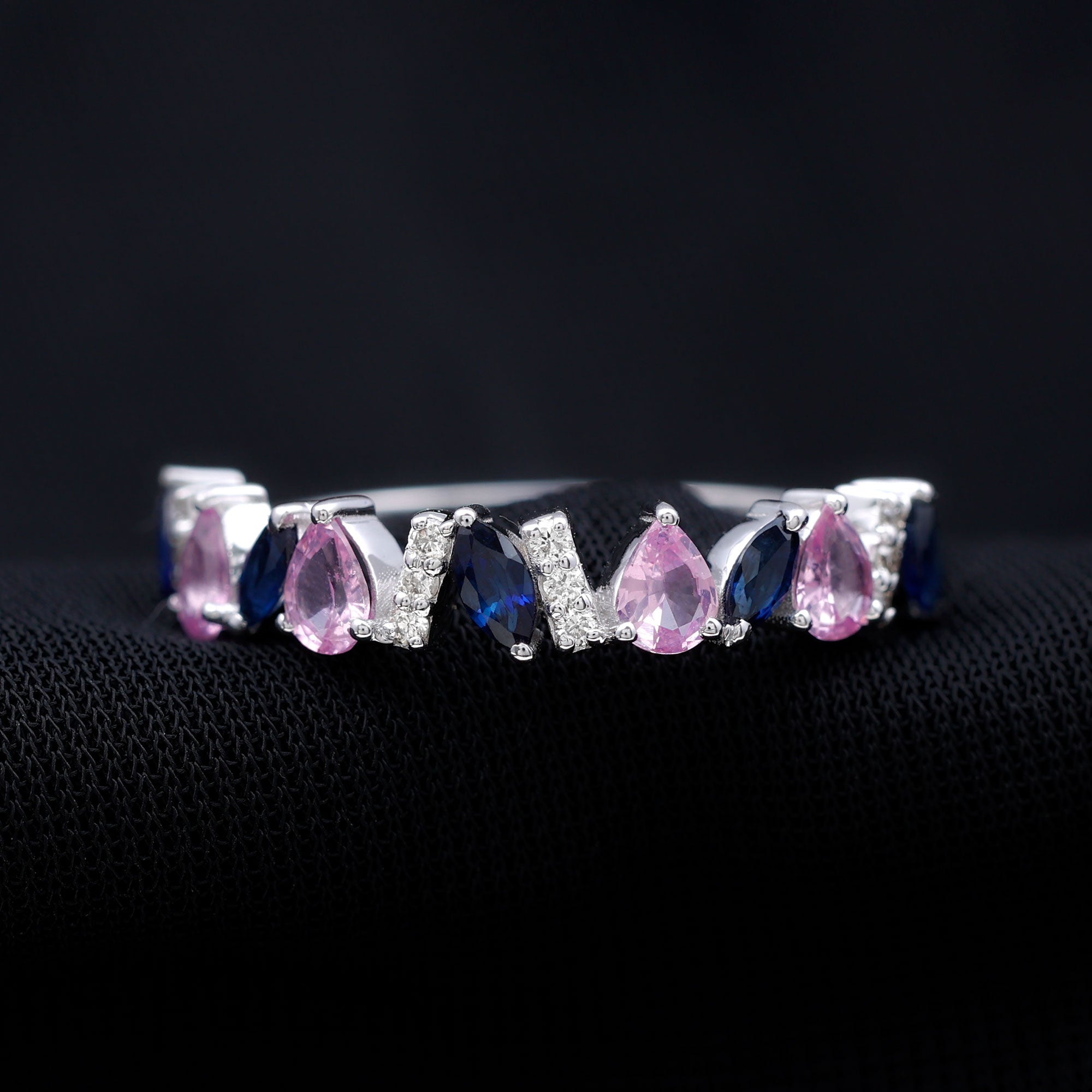 Tilted Created Pink and Created Blue Sapphire Half Eternity Ring with Moissanite Lab Created Pink Sapphire - ( AAAA ) - Quality - Rosec Jewels