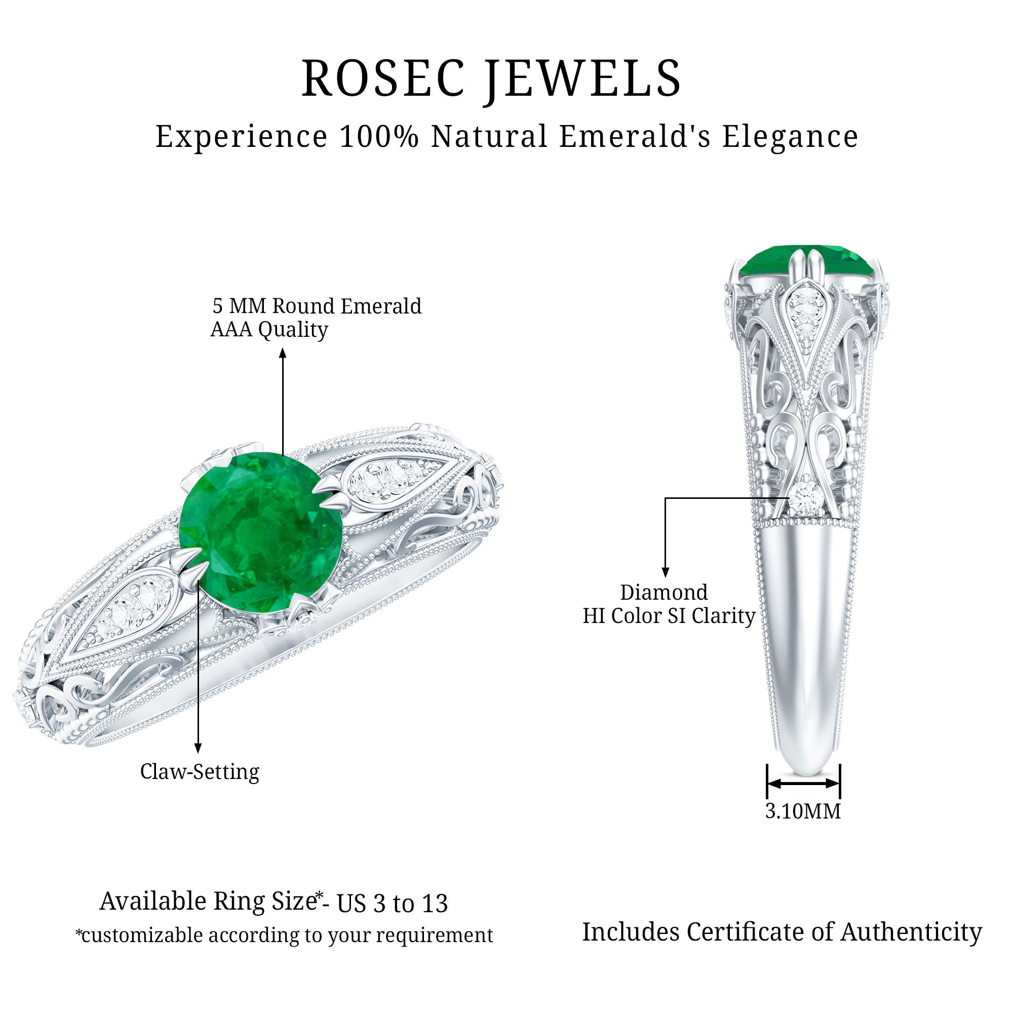 Natural Emerald Diamond Antique Looking Engagement Ring AAA - Rosec Jewels
