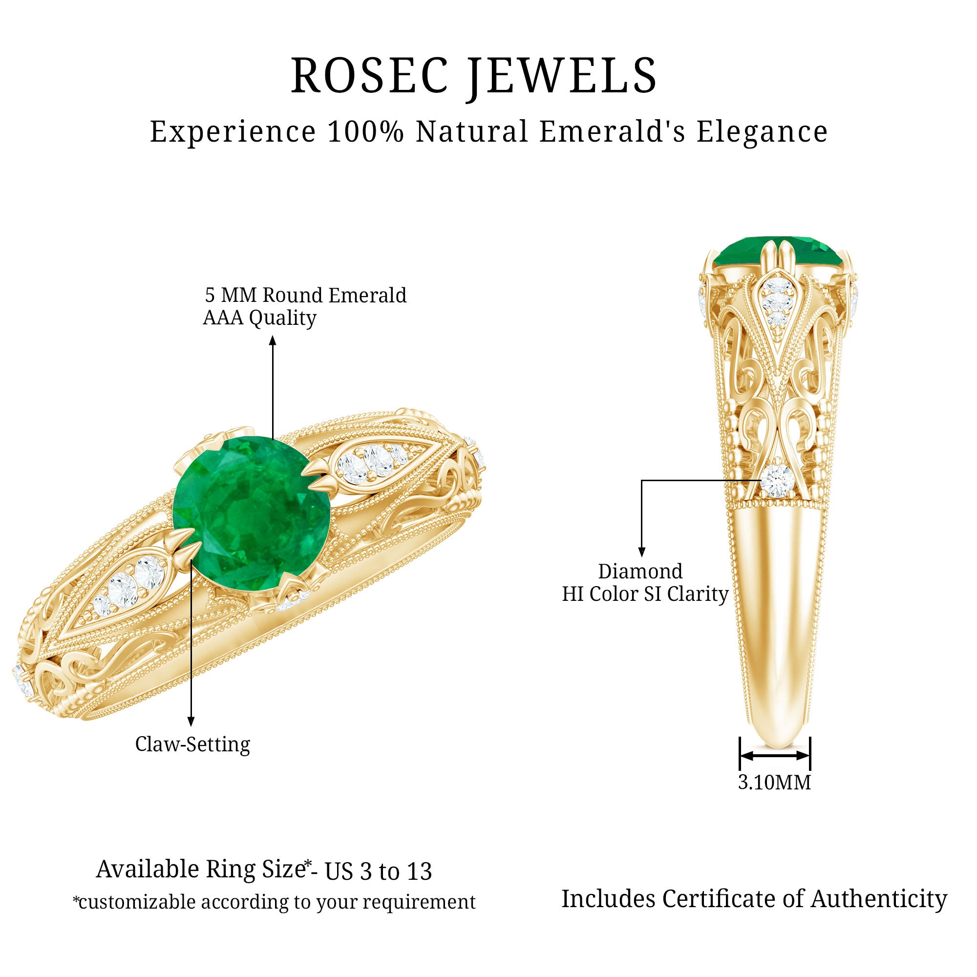 Natural Emerald Diamond Antique Looking Engagement Ring AAA - Rosec Jewels