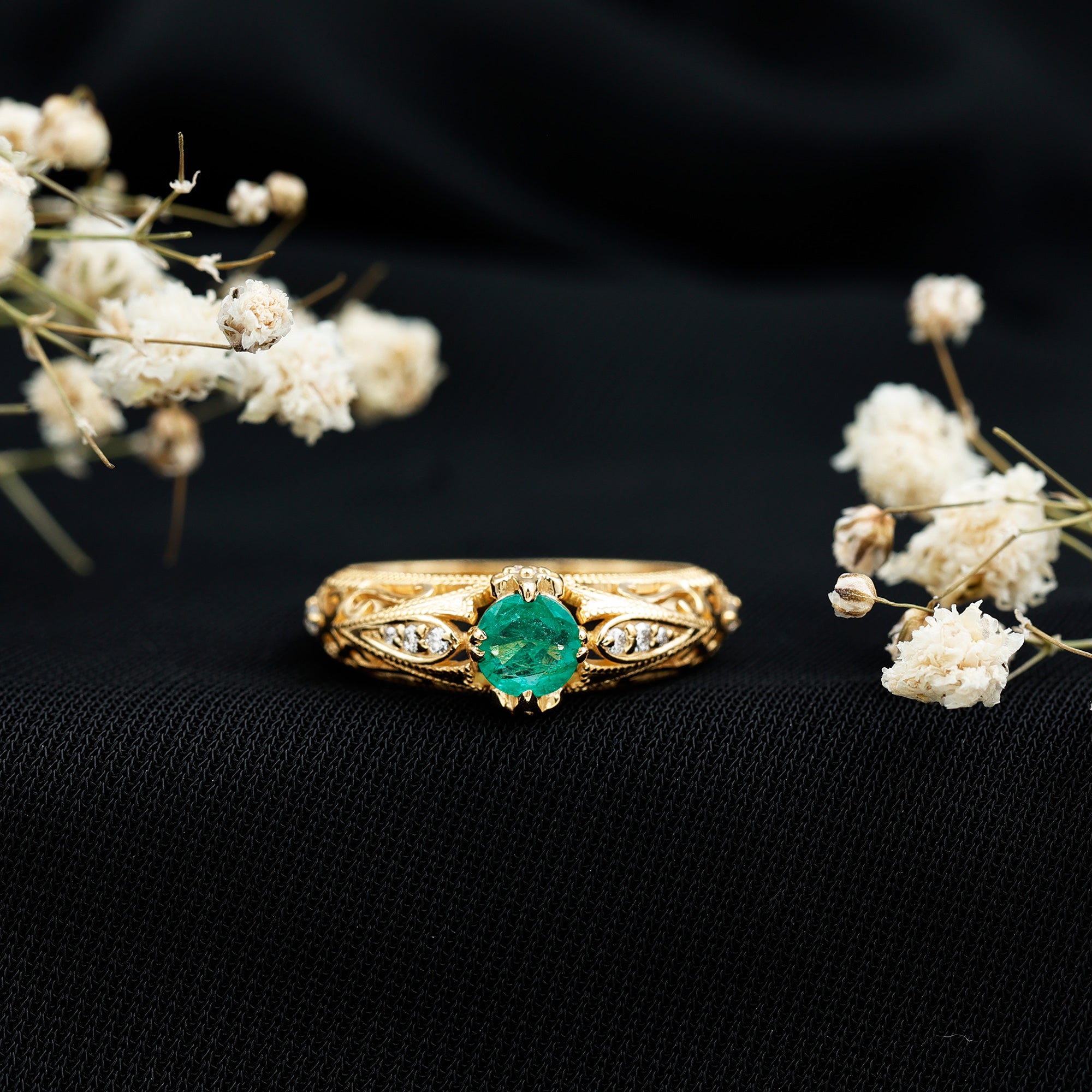 Natural Emerald Diamond Antique Looking Engagement Ring AAA - Rosec Jewels