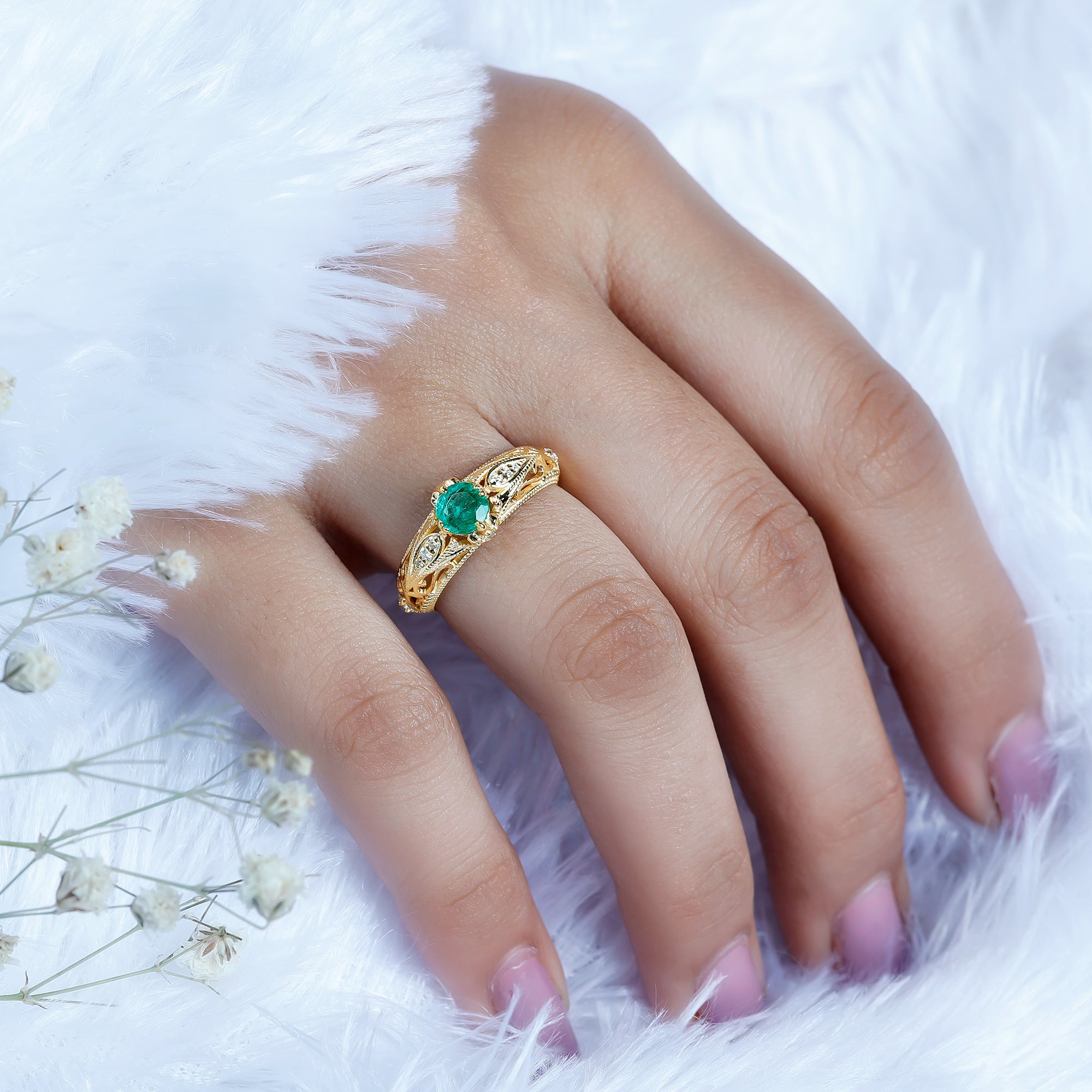 Natural Emerald Diamond Antique Looking Engagement Ring AAA - Rosec Jewels