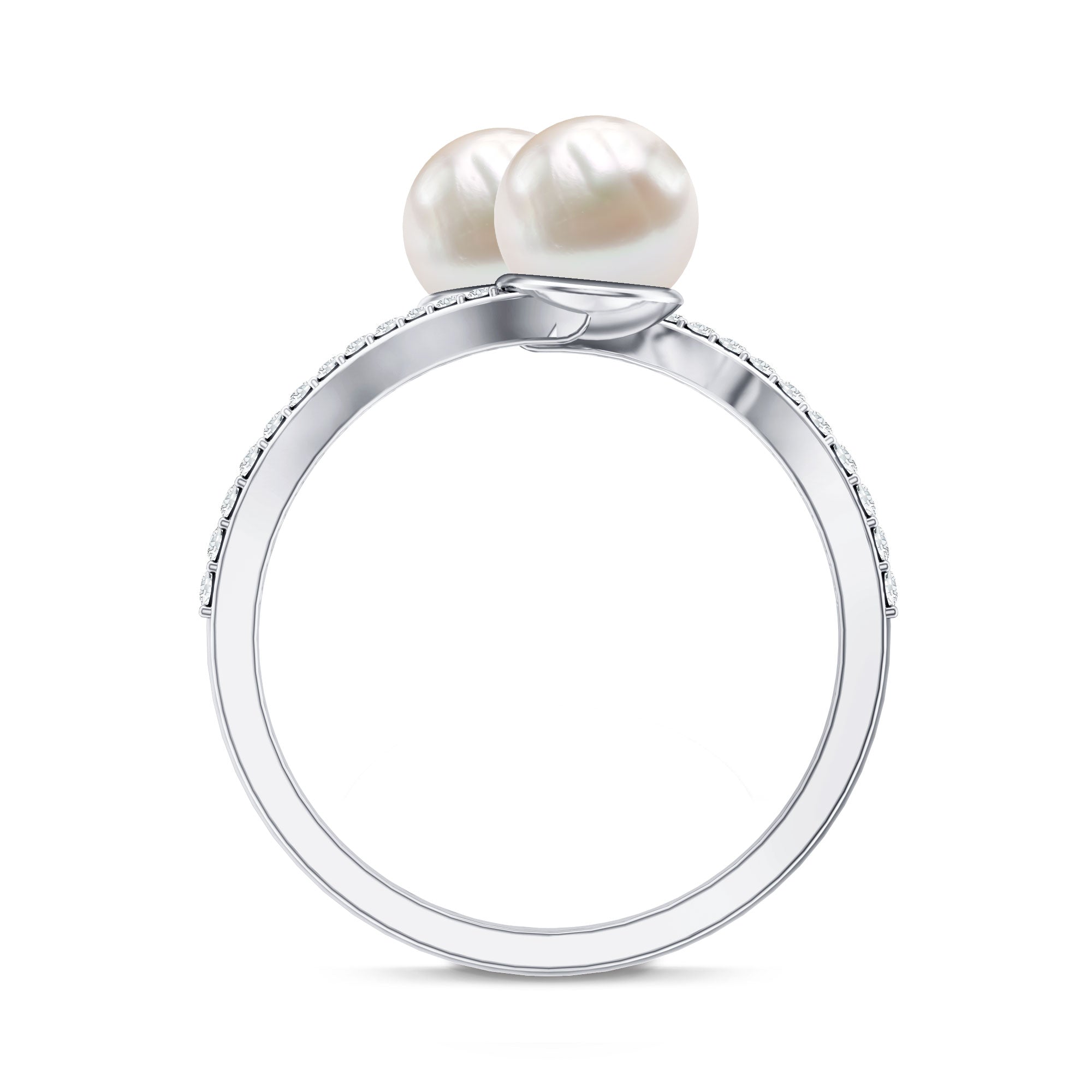 Rosec Jewels-Natural Freshwater Pearl 2 Stone Engagement Ring with Diamond