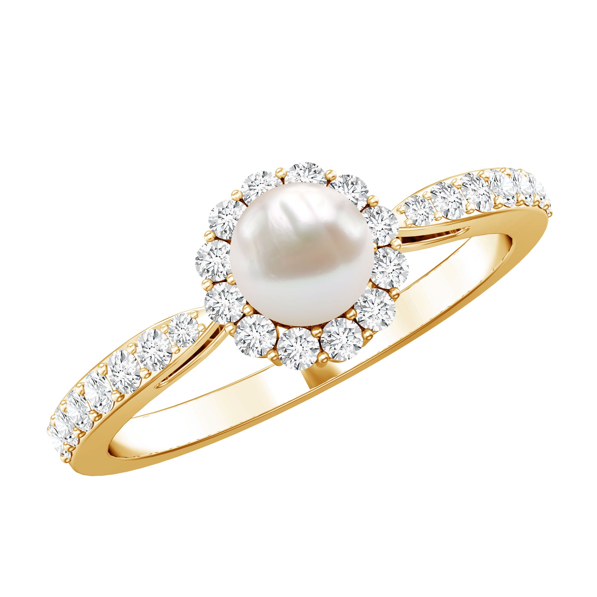 Rosec Jewels-Cultured Freshwater Pearl 2 Carat Engagement Ring with Diamond Halo