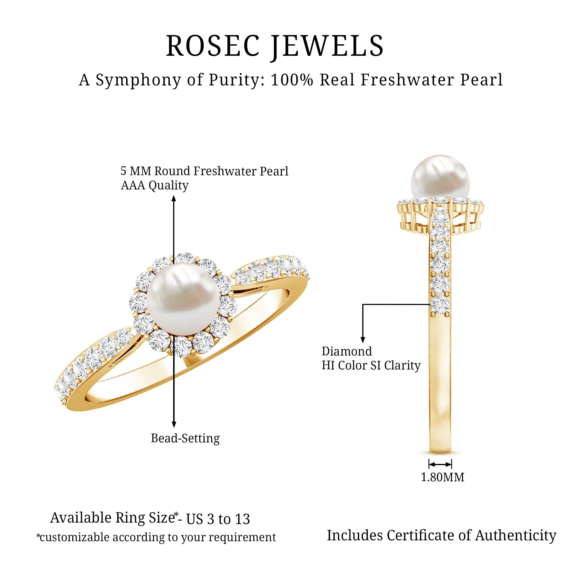 Rosec Jewels-Cultured Freshwater Pearl 2 Carat Engagement Ring with Diamond Halo