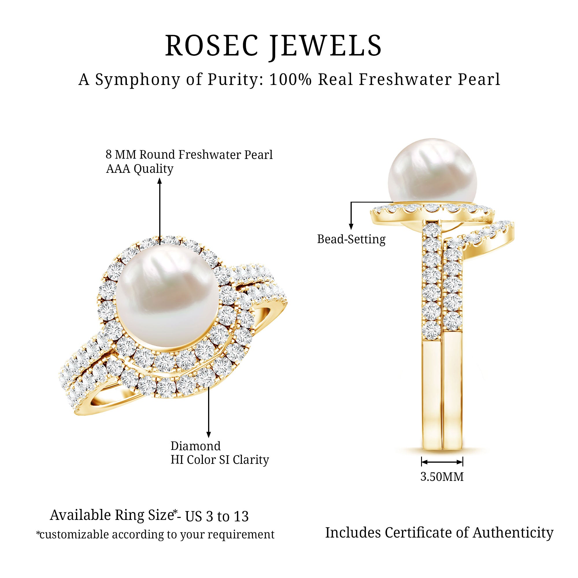 Rosec Jewels-Cultured 7 mm Freshwater Pearl Engagement Ring with Diamond Wedding Band