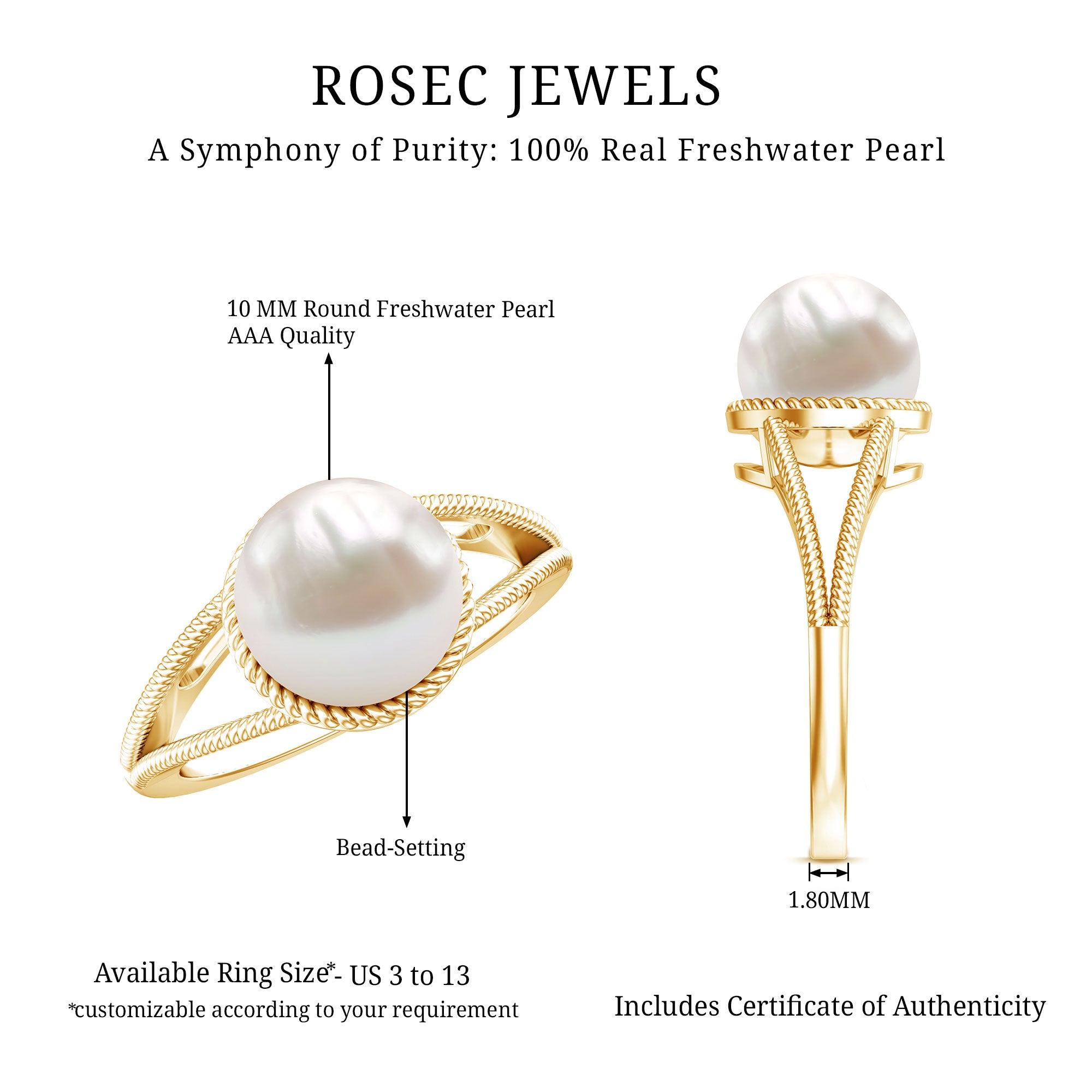 8 Carat Freshwater Pearl Solitaire Engagement Ring in Split Shank AAA - Rosec Jewels