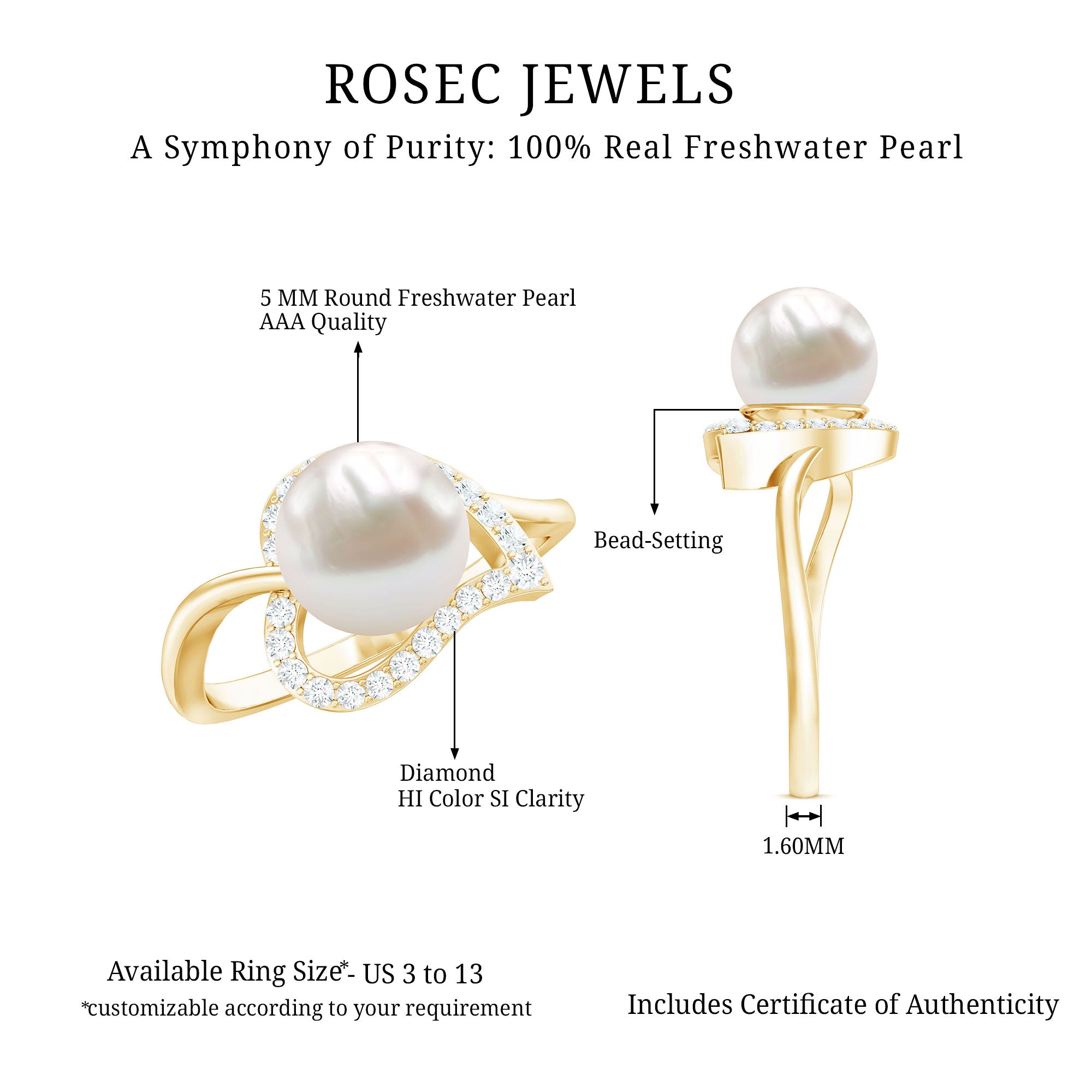Rosec Jewels-Cultured Freshwater Pearl Promise Ring with Diamond Leaf