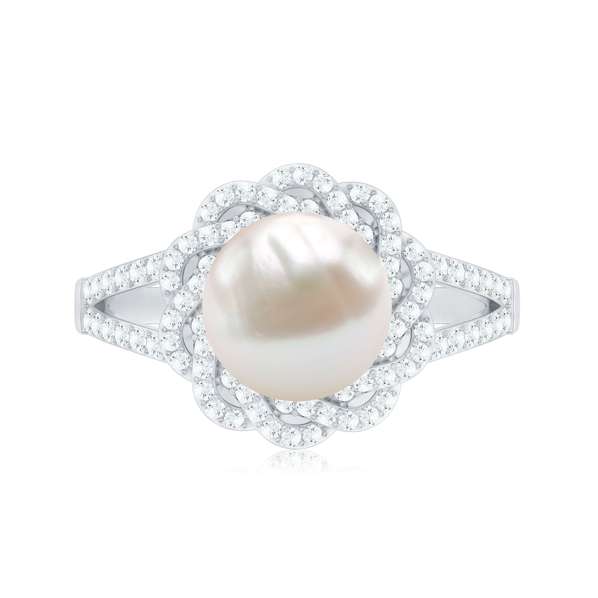 Rosec Jewels-Split Shank Freshwater Pearl and Diamond Braided Statement Ring