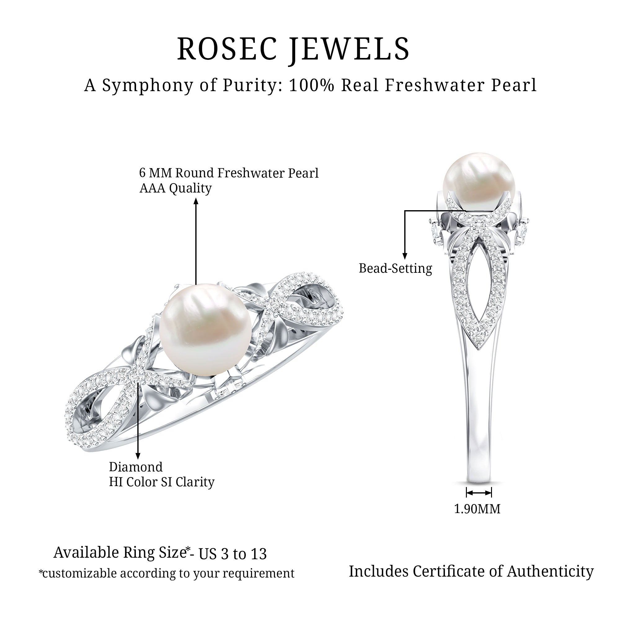 Cultured 2 Carat Freshwater Pearl Solitaire Engagement Ring with Diamond Crossover Shank AAA - Rosec Jewels