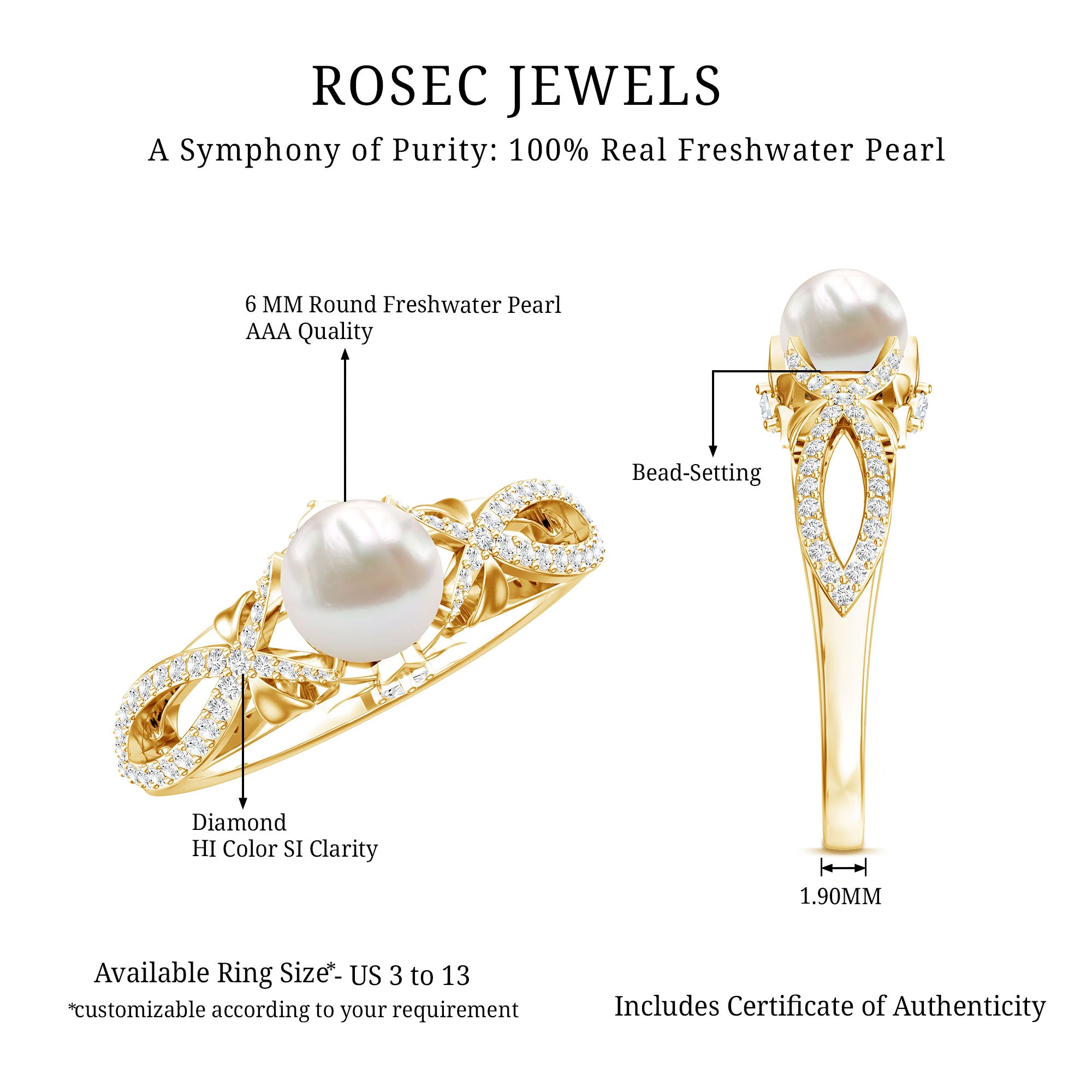 Cultured 2 Carat Freshwater Pearl Solitaire Engagement Ring with Diamond Crossover Shank AAA - Rosec Jewels