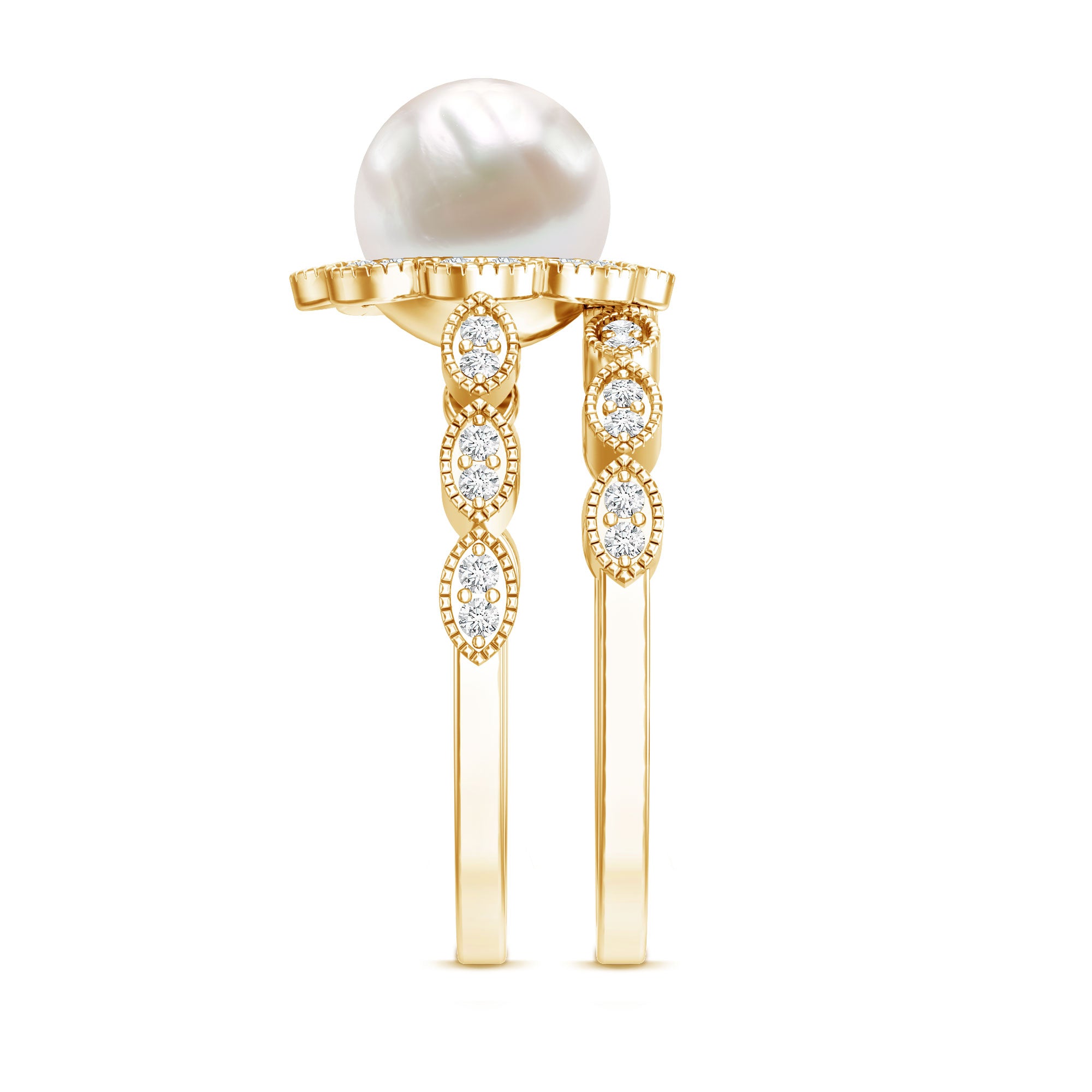 Freshwater Pearl and Diamond Wedding Ring Set AAA - Rosec Jewels