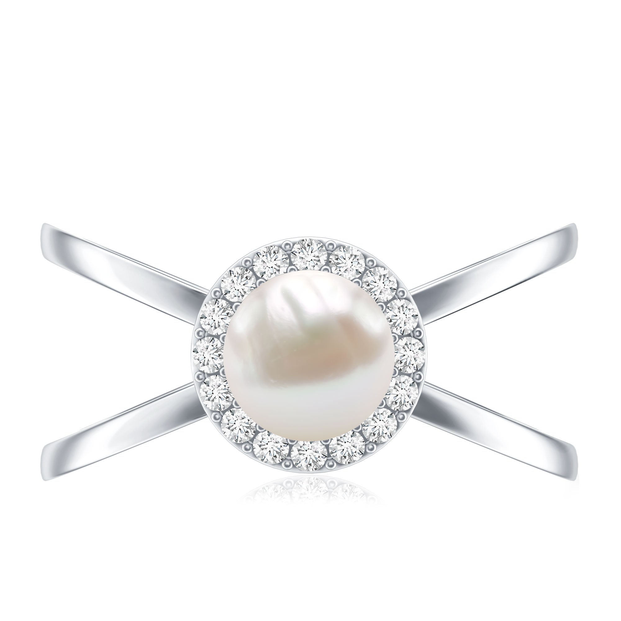 Rosec Jewels-Real 2 Carat Freshwater Pearl Diamond Halo Engagement Ring with Criss Cross Shank