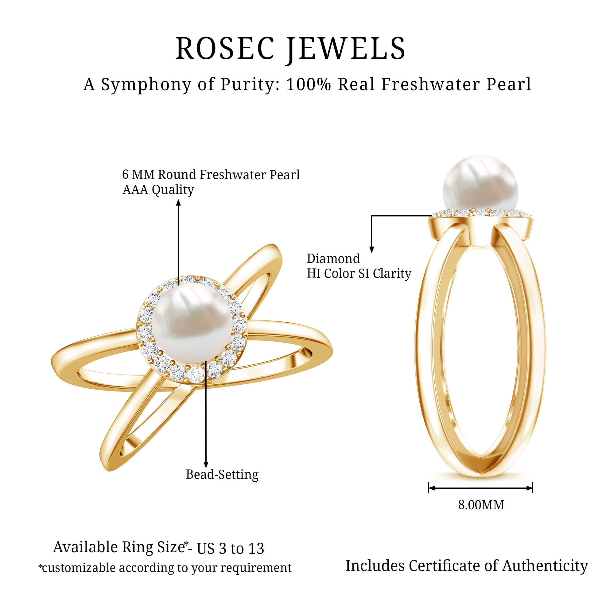 Rosec Jewels-Real 2 Carat Freshwater Pearl Diamond Halo Engagement Ring with Criss Cross Shank