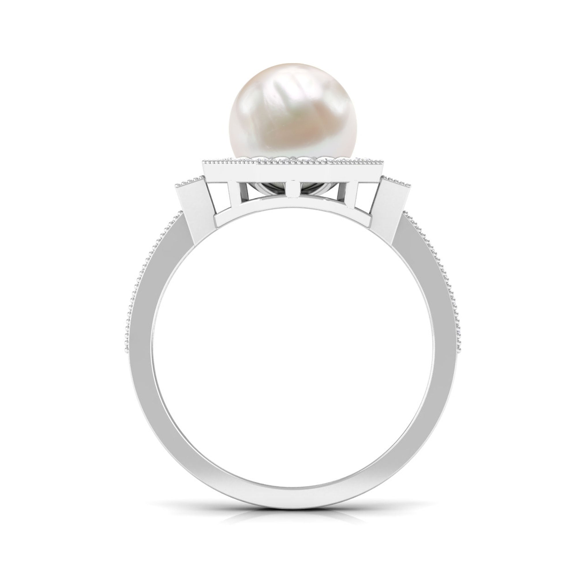 Art Deco Inspired 2 Carat Freshwater Pearl Engagement Ring with Diamond Halo AAA - Rosec Jewels