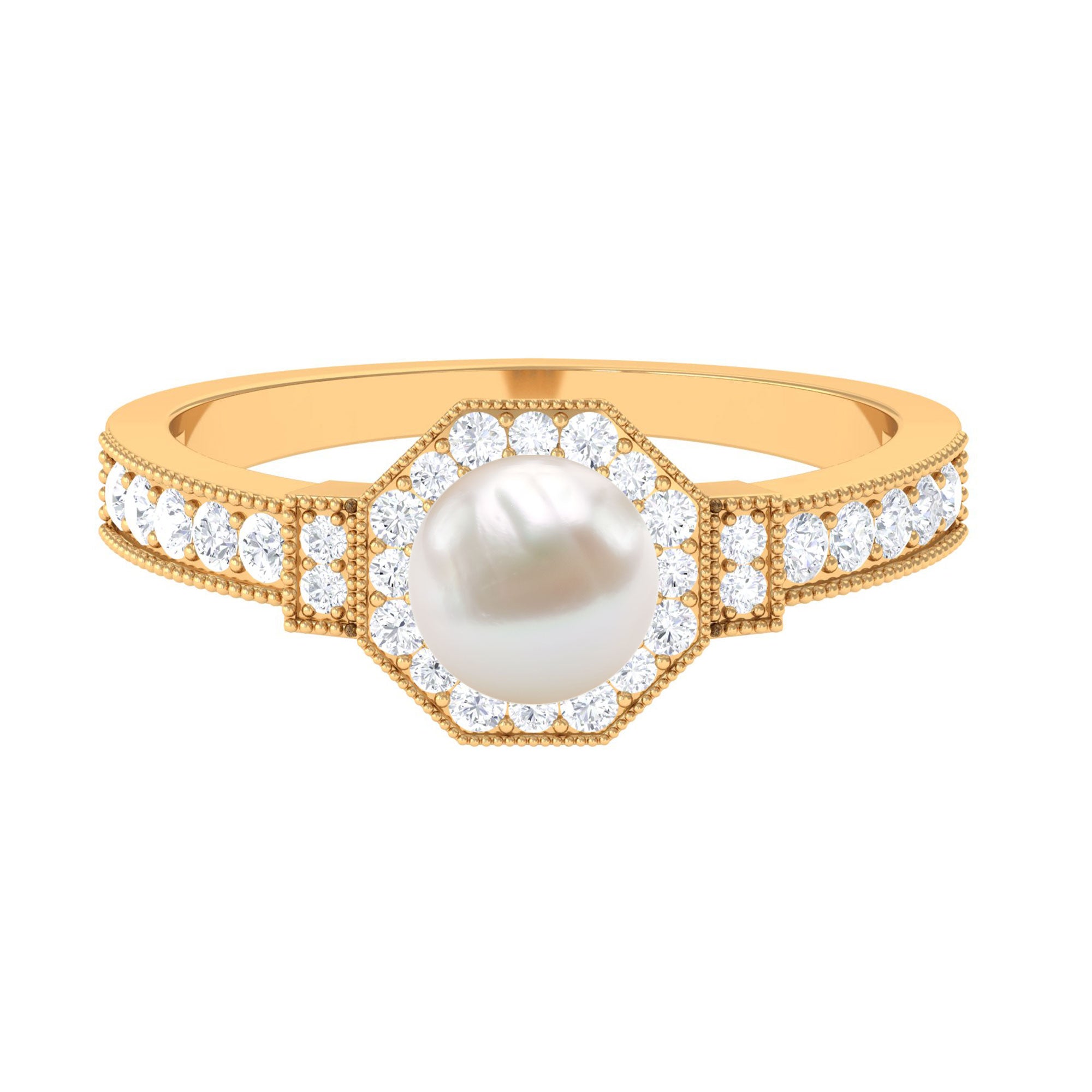 Art Deco Inspired 2 Carat Freshwater Pearl Engagement Ring with Diamond Halo AAA - Rosec Jewels