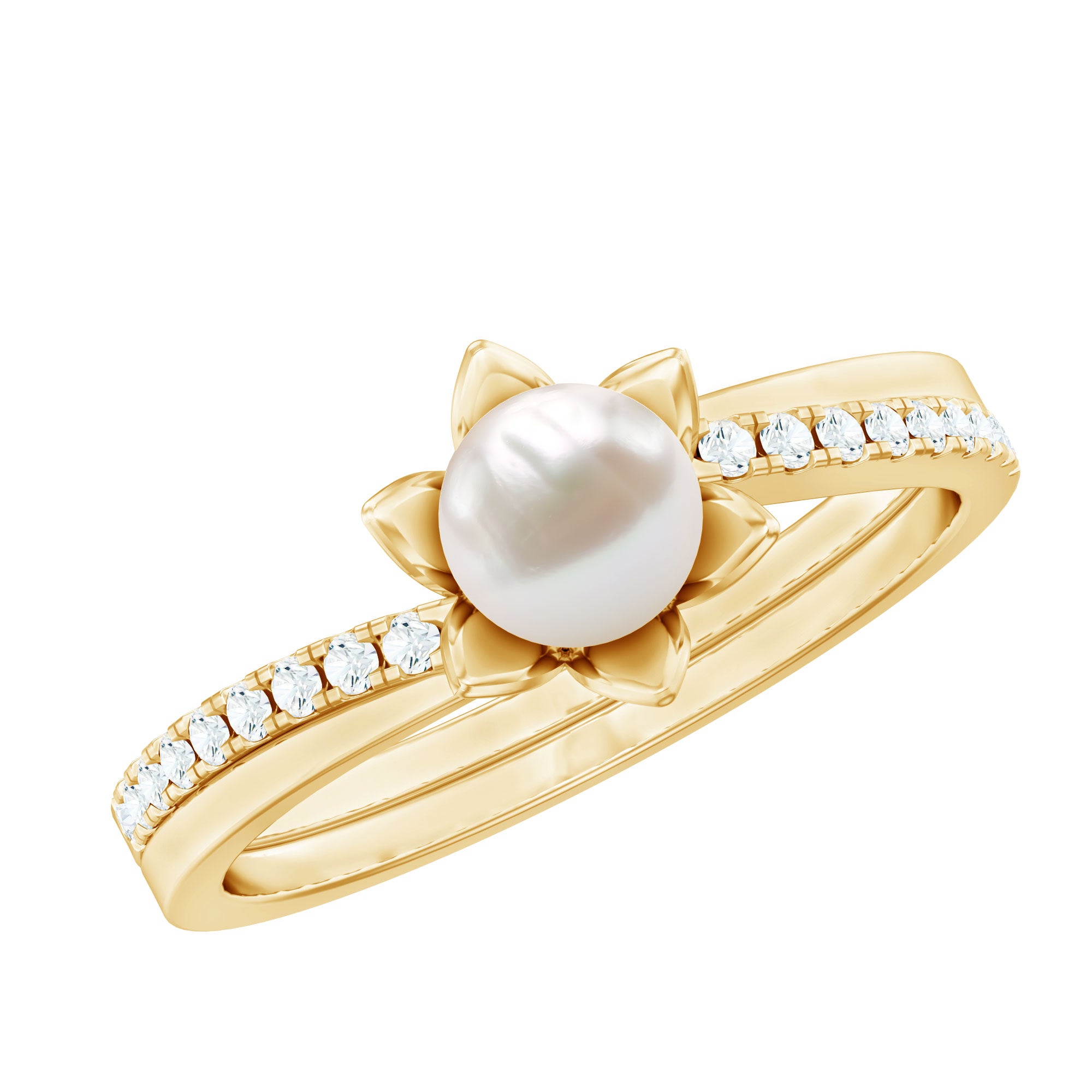 2 Carat Freshwater Pearl and Diamond Flower Engagement Ring AAA - Rosec Jewels