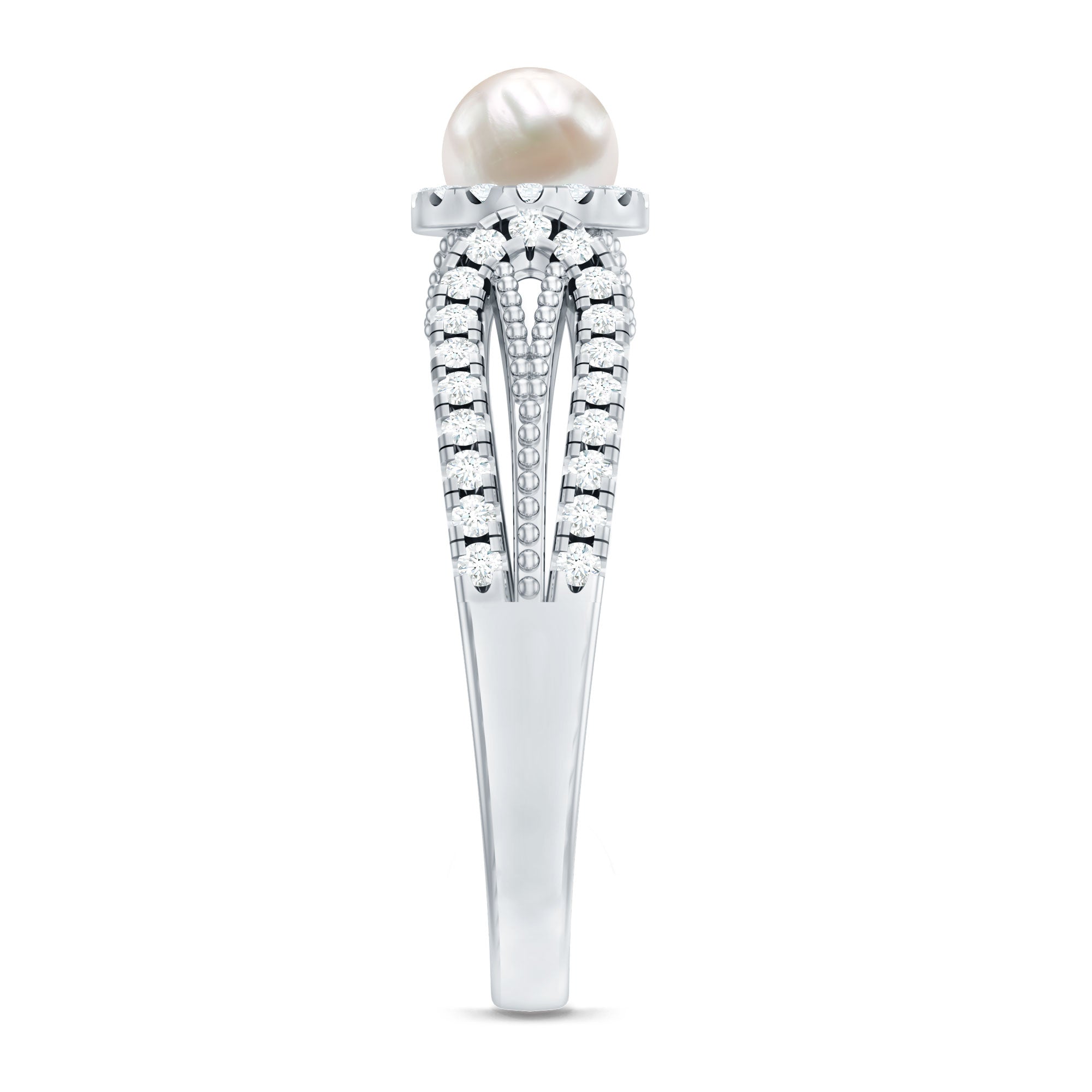Rosec Jewels-2.50 CT Freshwater Pearl and Diamond Engagement Ring with Beaded Gold