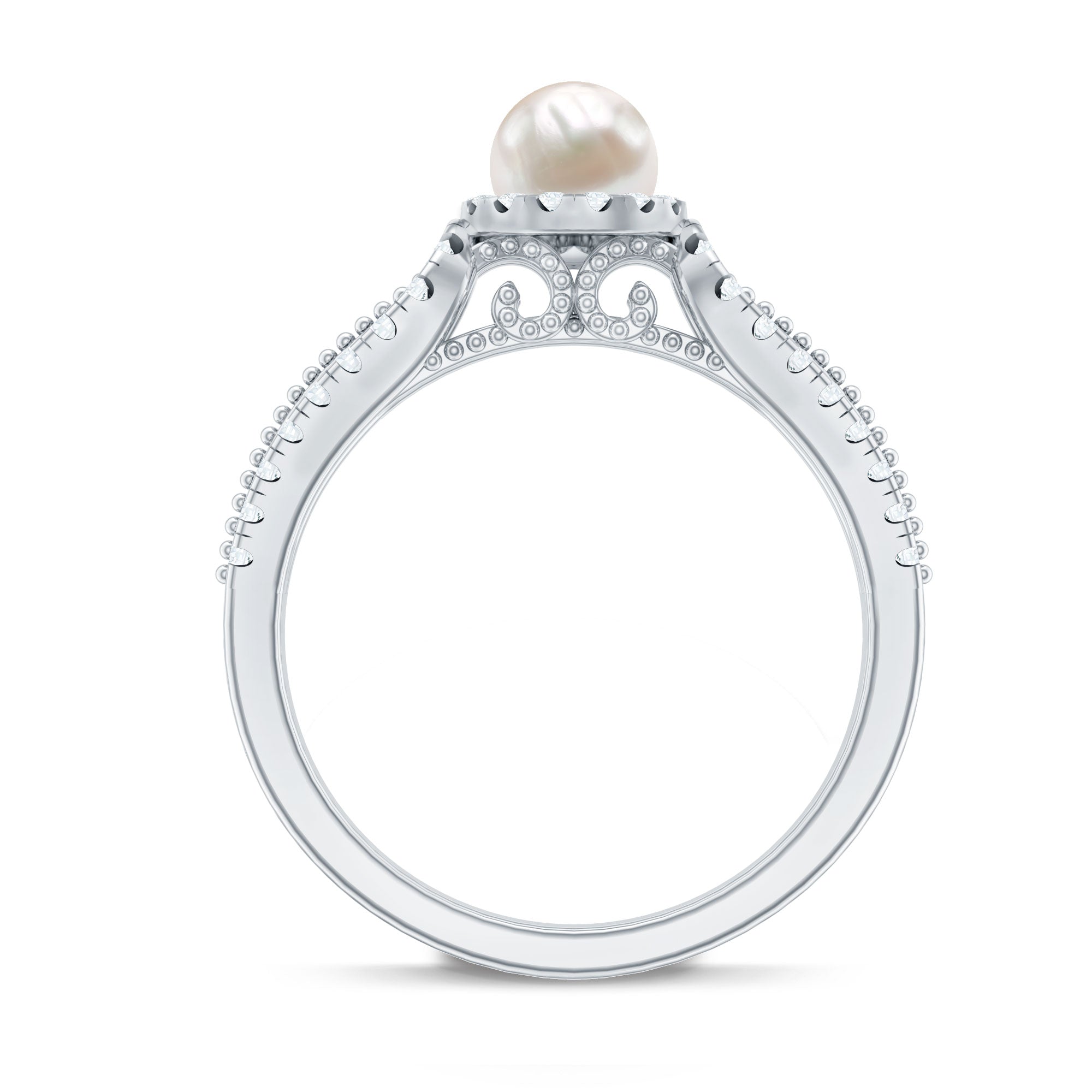 Rosec Jewels-2.50 CT Freshwater Pearl and Diamond Engagement Ring with Beaded Gold