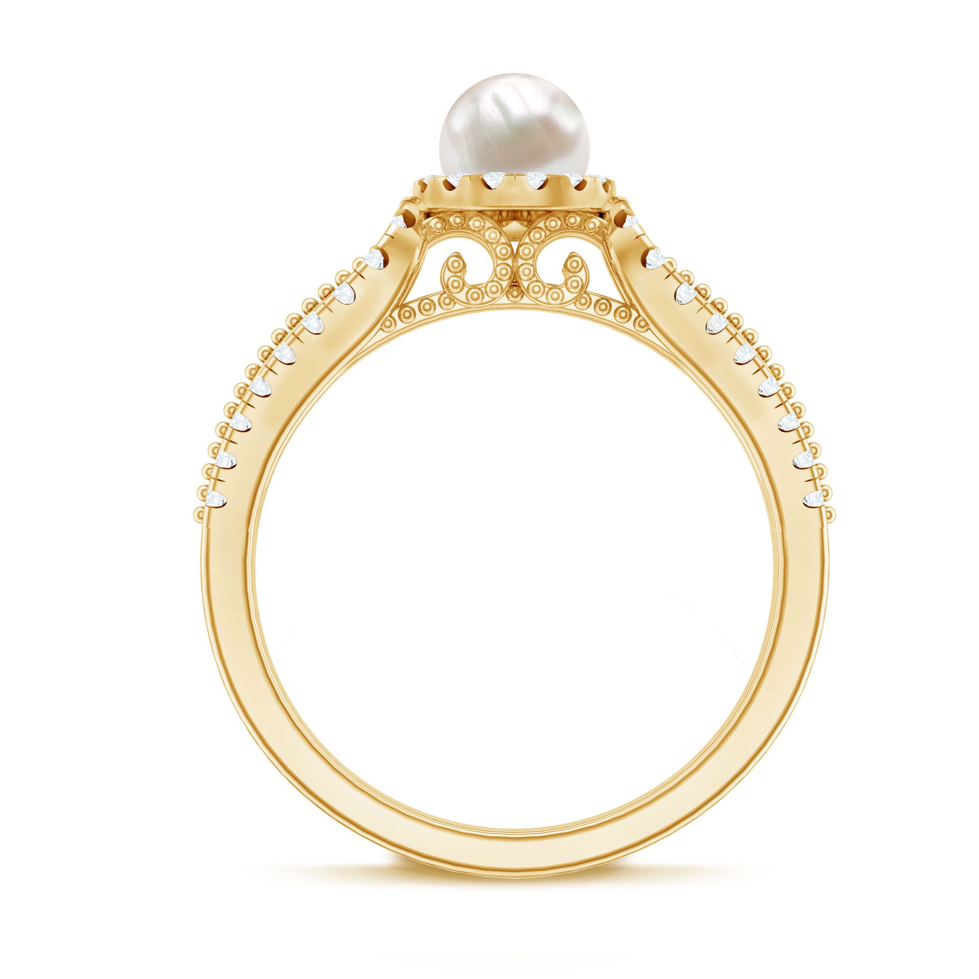Rosec Jewels-2.50 CT Freshwater Pearl and Diamond Engagement Ring with Beaded Gold