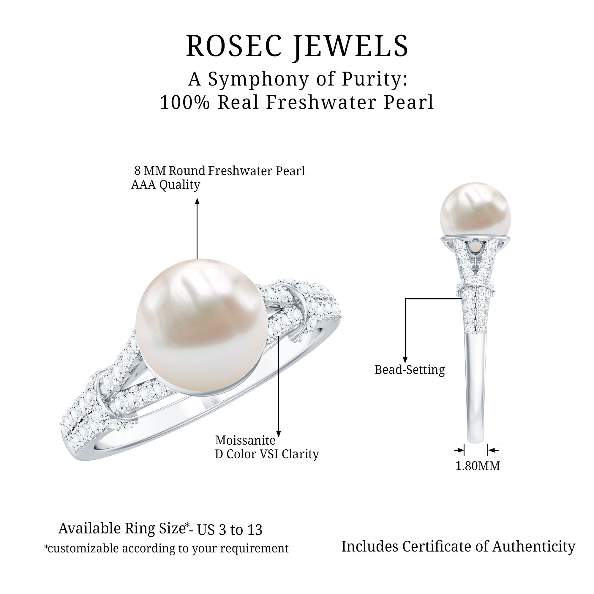 Rosec Jewels-Cultured 7.4 Carat Freshwater Pearl Engagement Ring with Lab Diamonds
