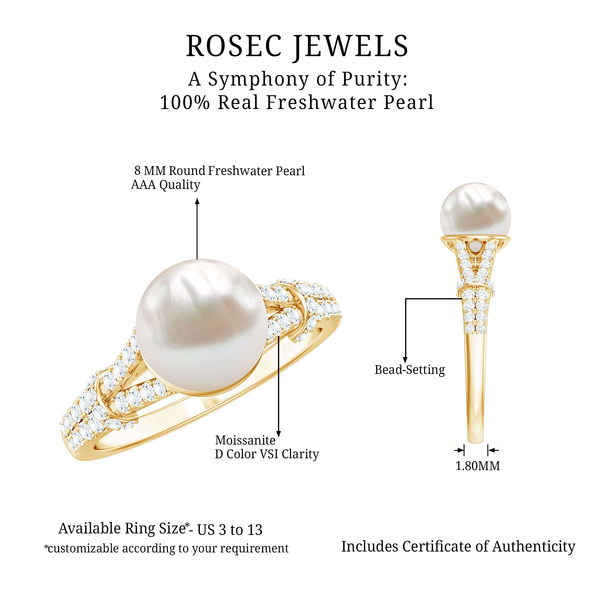 Rosec Jewels-Cultured 7.4 Carat Freshwater Pearl Engagement Ring with Lab Diamonds