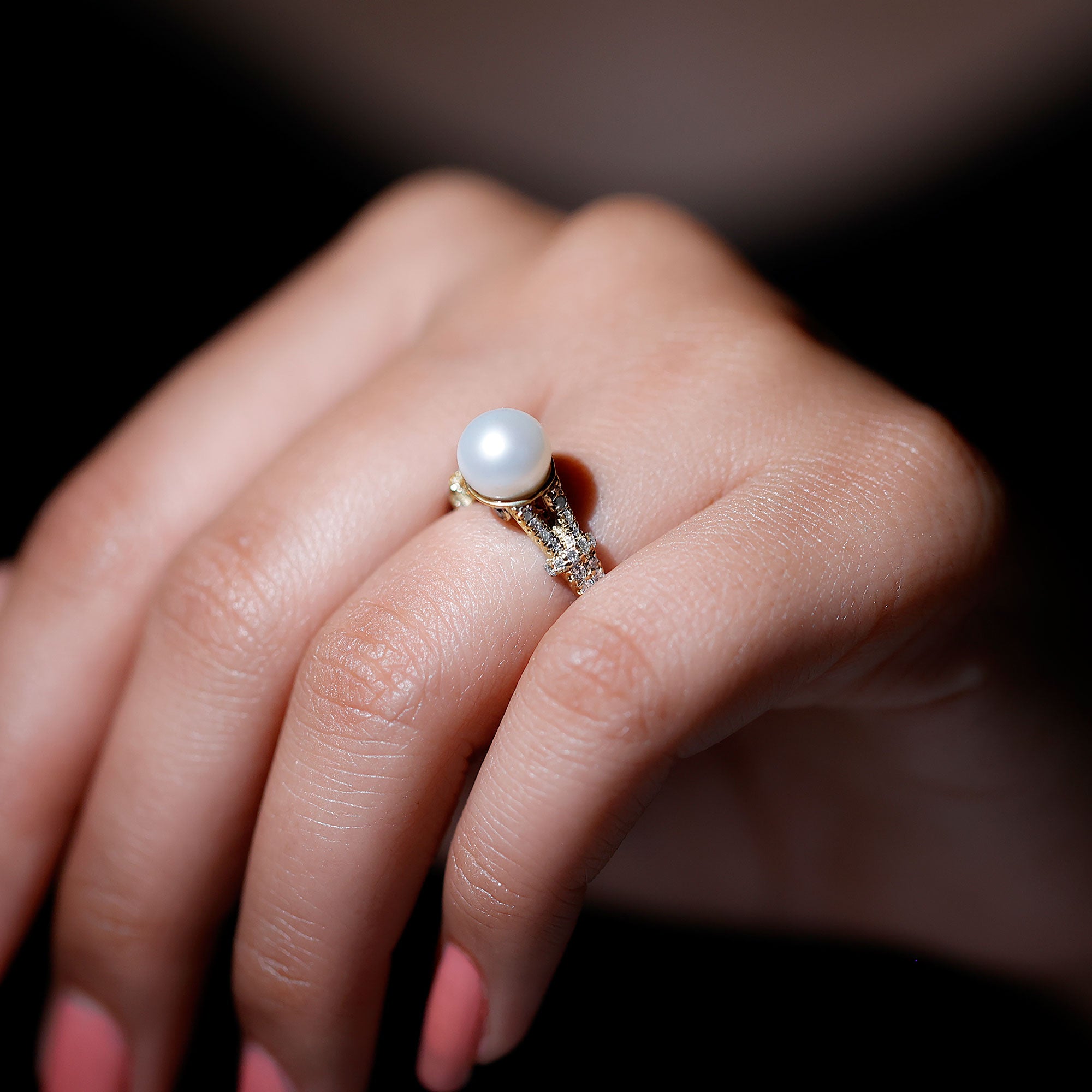 Rosec Jewels-Cultured 7.4 Carat Freshwater Pearl Engagement Ring with Lab Diamonds