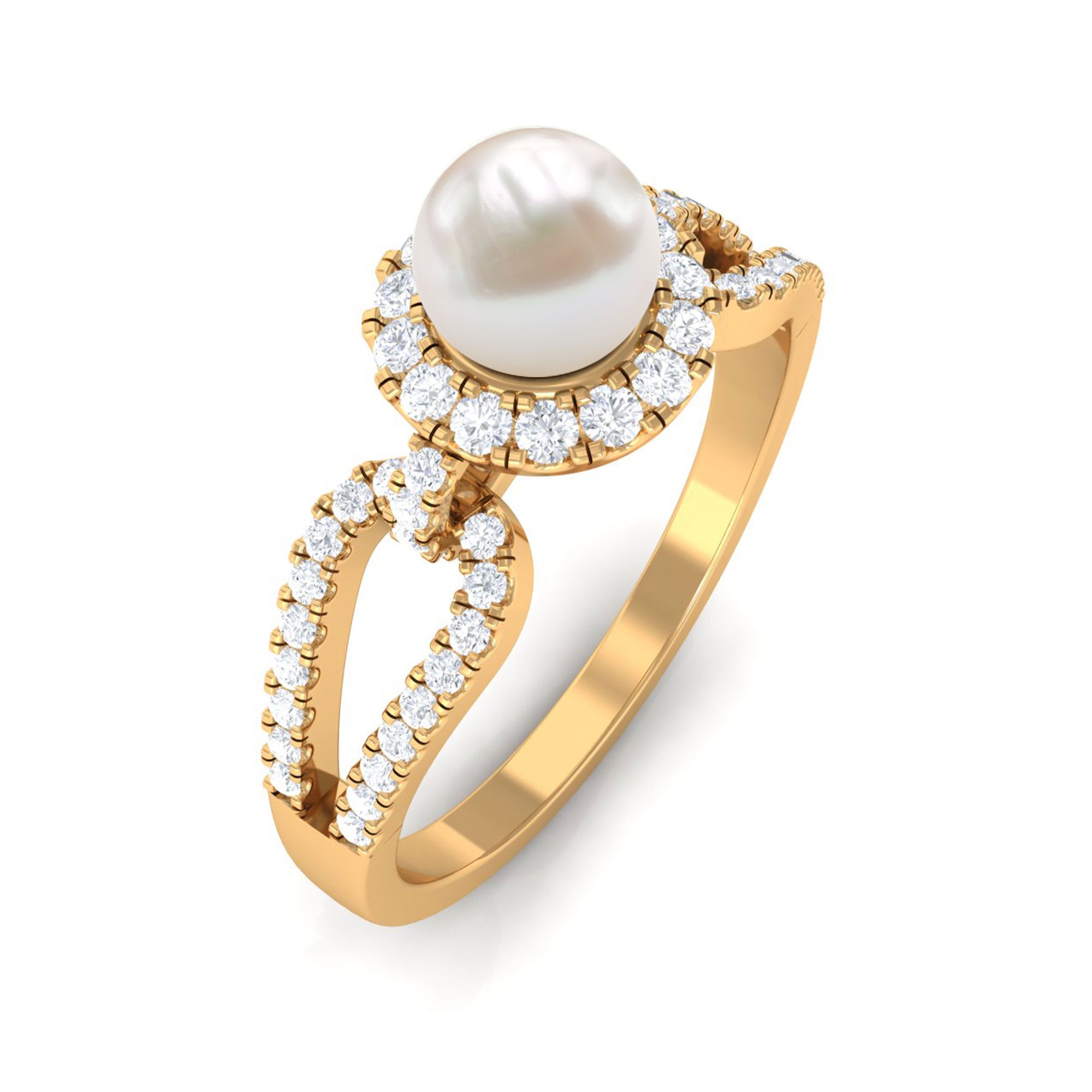 Rosec Jewels-2.50 CT Freshwater Pearl and Diamond Engagement Ring with Split Shank
