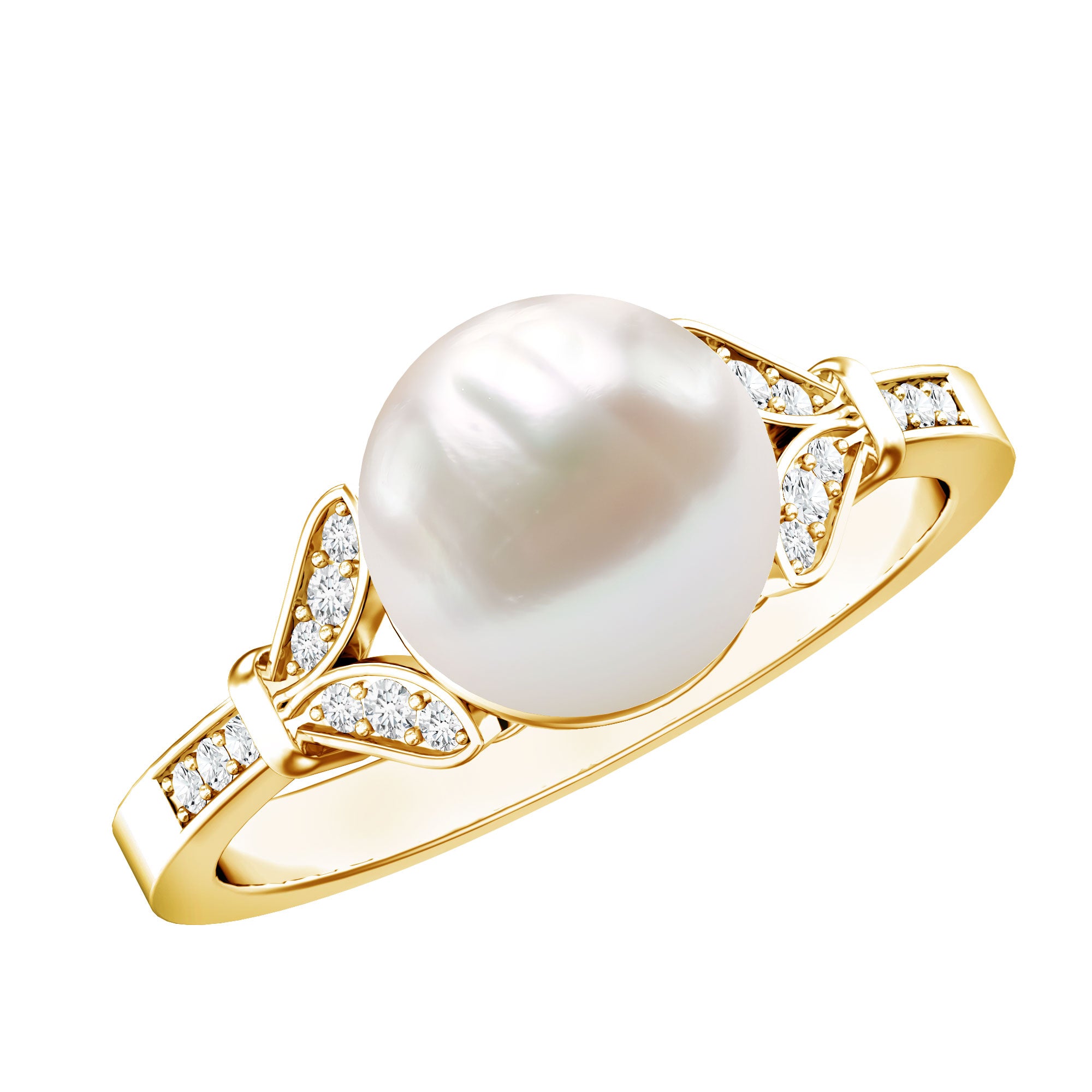 Rosec Jewels-Cultured 7.4 Carat Freshwater Pearl Diamond Engagement Ring with Split Shank