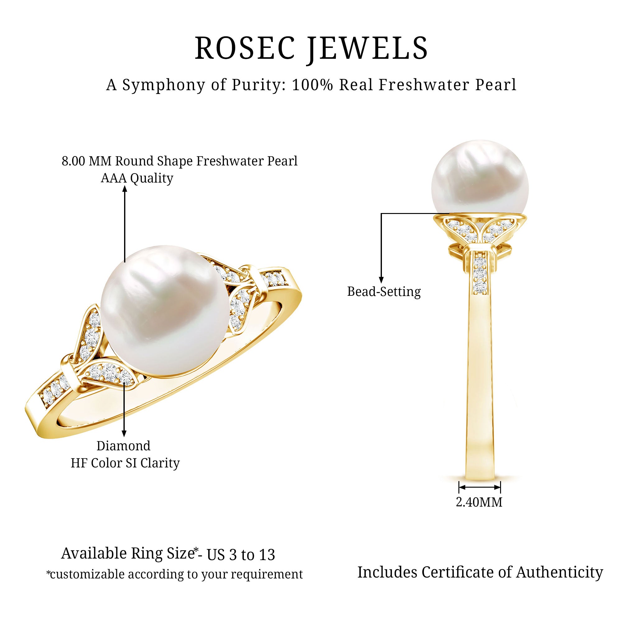 Rosec Jewels-Cultured 7.4 Carat Freshwater Pearl Diamond Engagement Ring with Split Shank