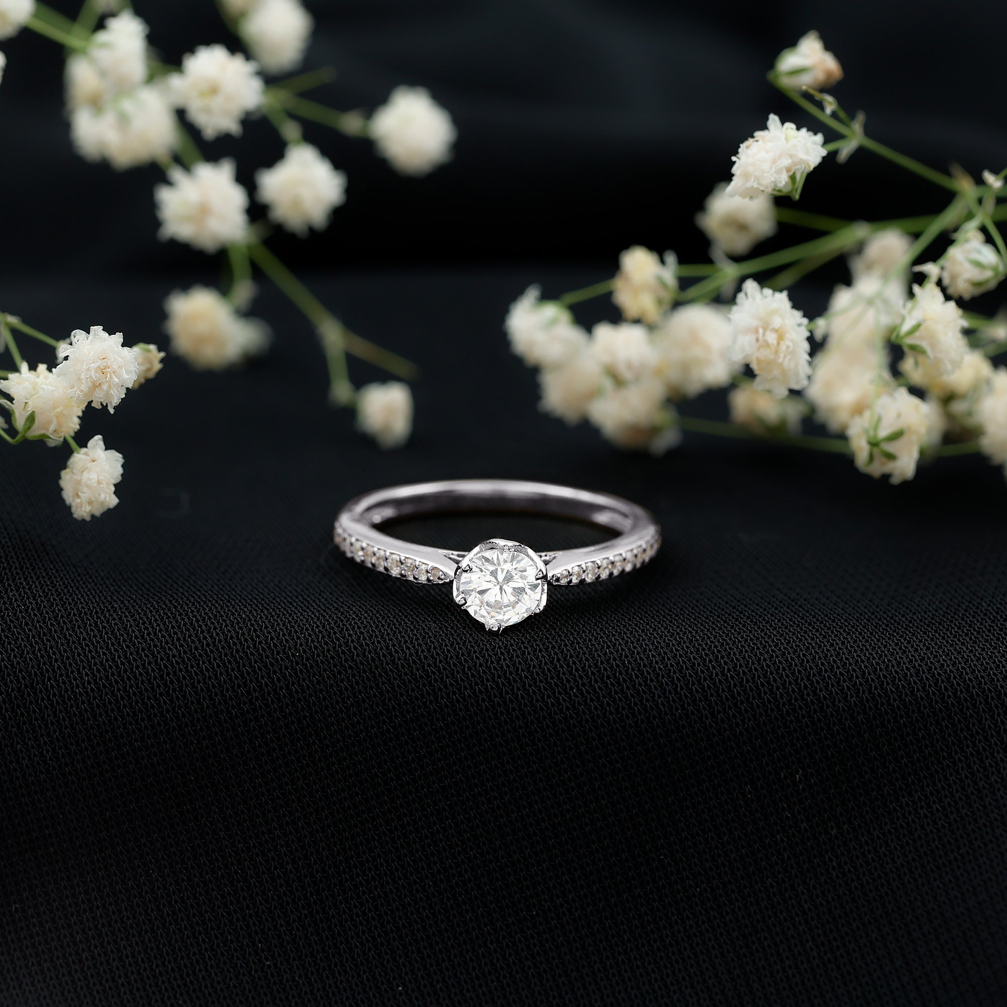 Rosec Jewels-Lotus Basket Set Cubic Zirconia Engagement Ring with Side Stones