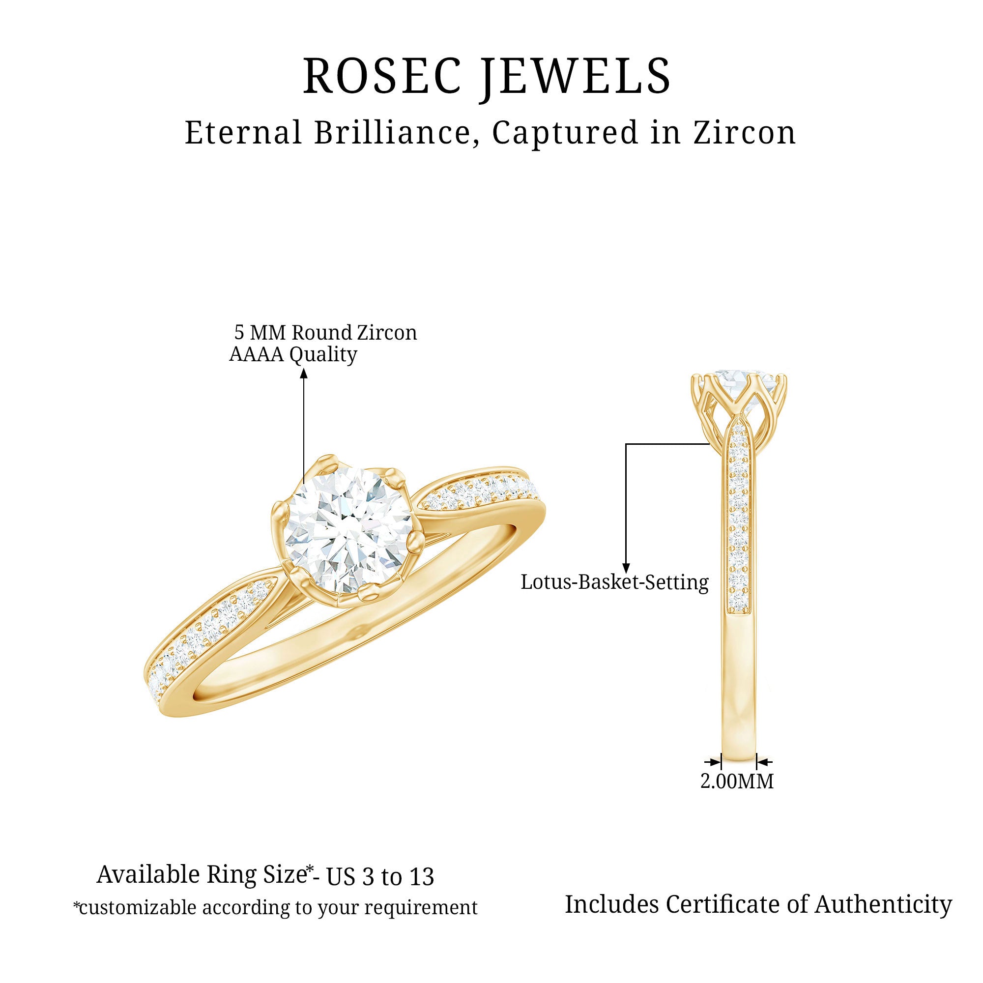Rosec Jewels-Lotus Basket Set Cubic Zirconia Engagement Ring with Side Stones
