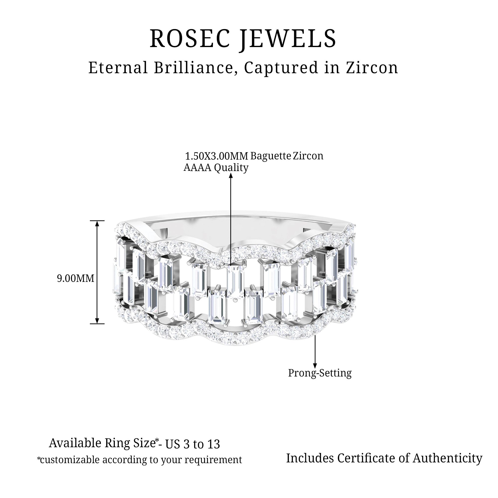 Round and Baguette Cut Zircon Classic Wedding Band Ring AAAA - Rosec Jewels